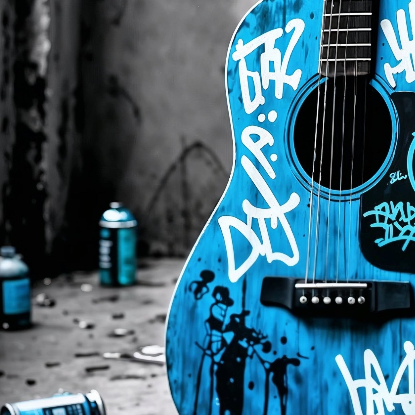 Street Art Guitar Set - Arts To GloryStreet Art Guitar SetDigital Wall ArtArts To GloryArtistic close - up of a modern wall art piece highlighting the texture and graffiti details on a blue acoustic guitar, perfect for contemporary music décor.