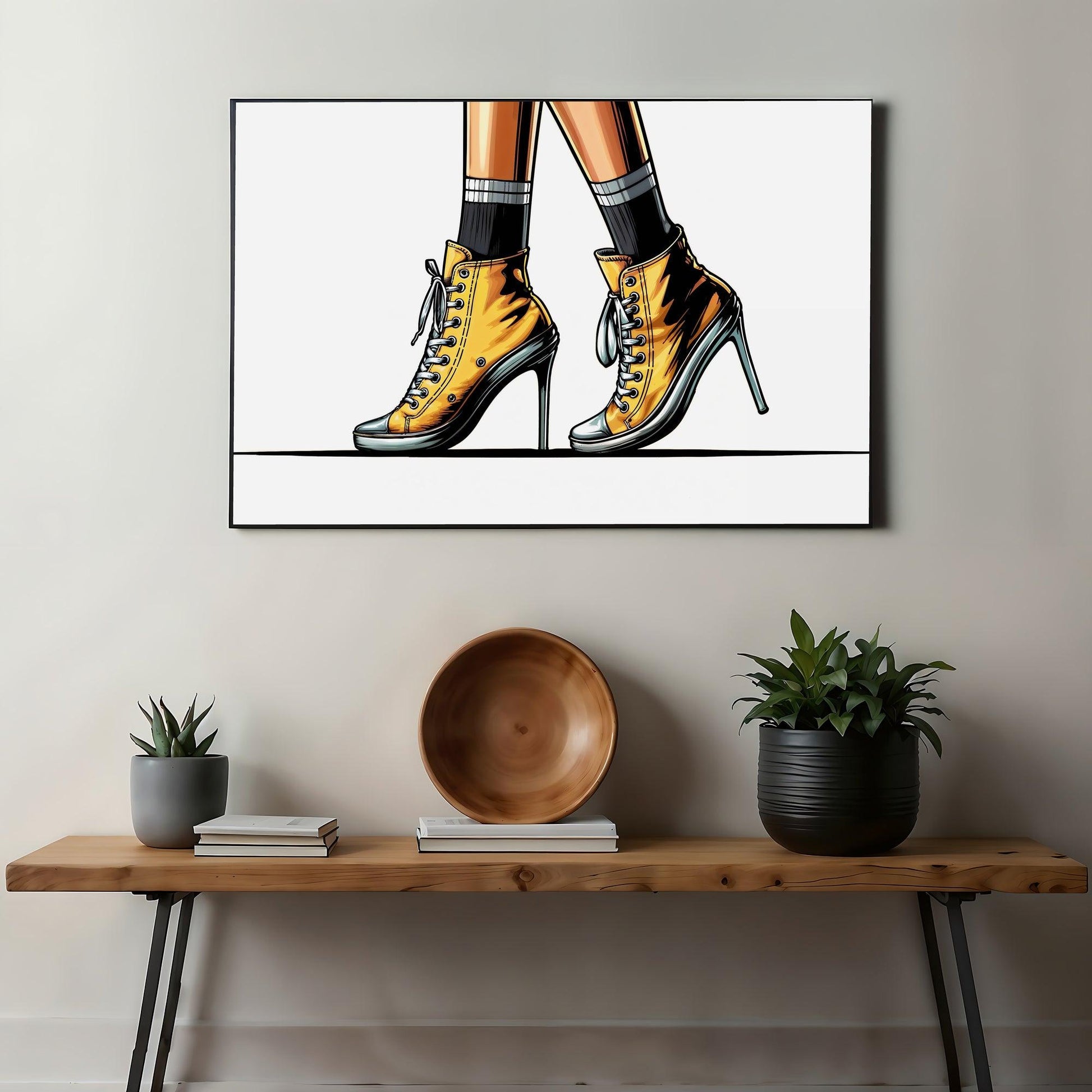 Stylish Heeled Pumps Digital Art | Striking Yellow High-Tops | Fashion Illustration Print | Home Decor | 100 x 70 cm - Arts To GloryStylish Heeled Pumps Digital Art | Striking Yellow High-Tops | Fashion Illustration Print | Home Decor | 100 x 70 cmSimple & StrikingArts To GloryContemporary wall art featuring chic yellow sneaker heels, elegantly displayed above a wooden console table flanked by potted plants, enhancing the modern aesthetic of the interior space.