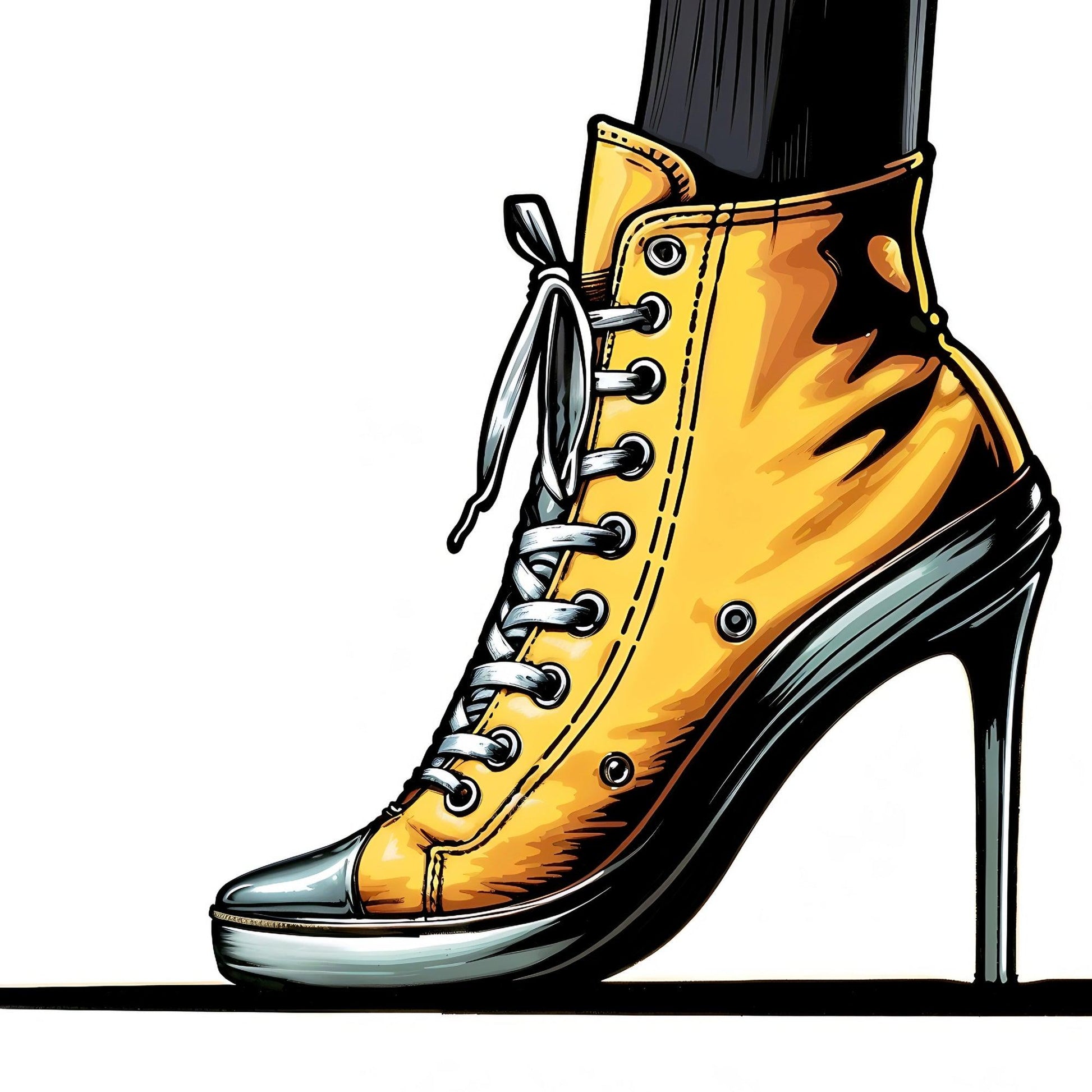 Stylish Heeled Pumps Digital Art | Striking Yellow High-Tops | Fashion Illustration Print | Home Decor | 100 x 70 cm - Arts To GloryStylish Heeled Pumps Digital Art | Striking Yellow High-Tops | Fashion Illustration Print | Home Decor | 100 x 70 cmSimple & StrikingArts To GloryIllustration of a high-heeled shoe with the upper design of a yellow classic high-top sneaker, displaying a creative fusion of casual and elegant styles.