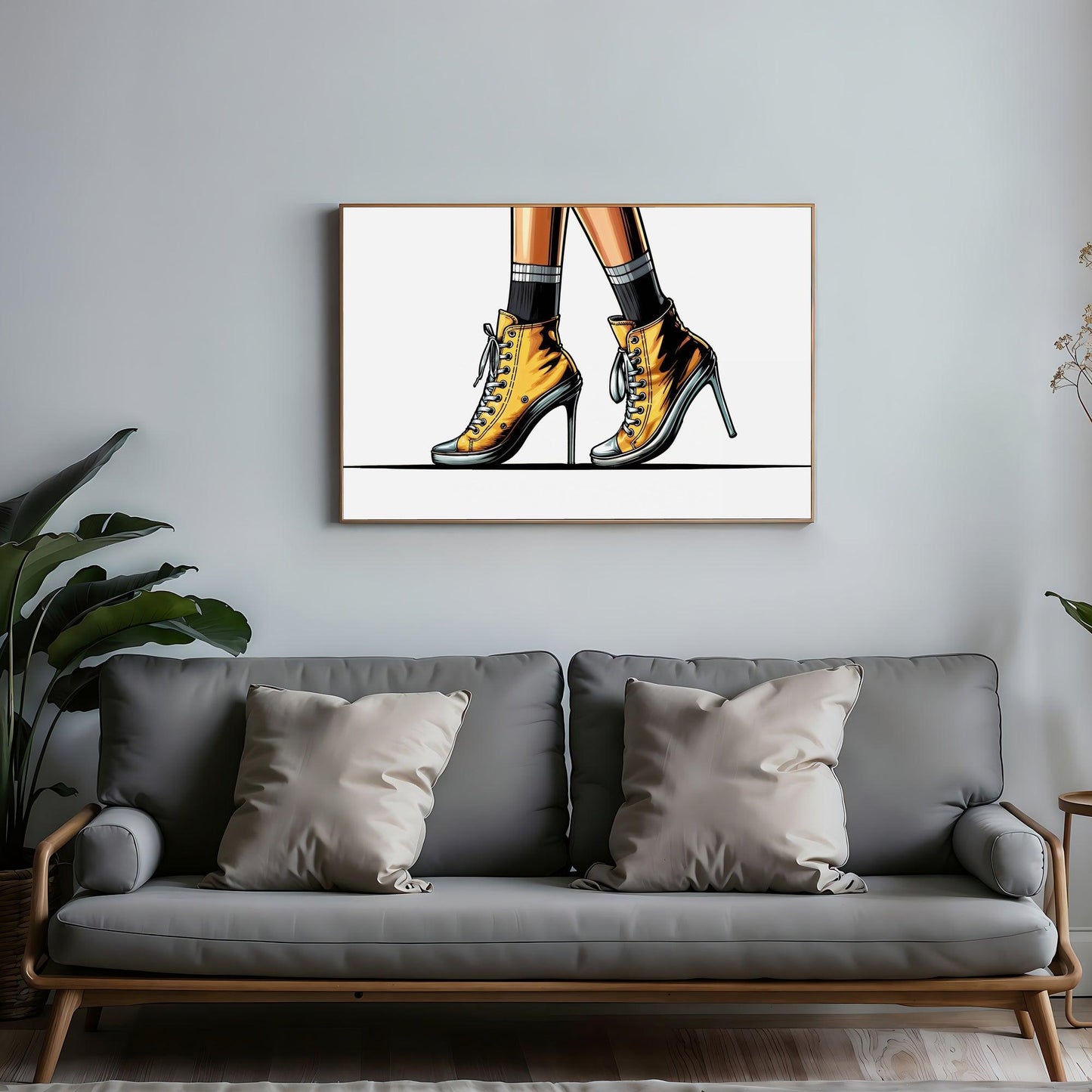 Stylish Heeled Pumps Digital Art | Striking Yellow High-Tops | Fashion Illustration Print | Home Decor | 100 x 70 cm - Arts To GloryStylish Heeled Pumps Digital Art | Striking Yellow High-Tops | Fashion Illustration Print | Home Decor | 100 x 70 cmSimple & StrikingArts To GloryStylish yellow heeled high-top sneakers art print displayed above a grey sofa in a modern living room, adding a vibrant pop of colour and a touch of fashion-forward flair.