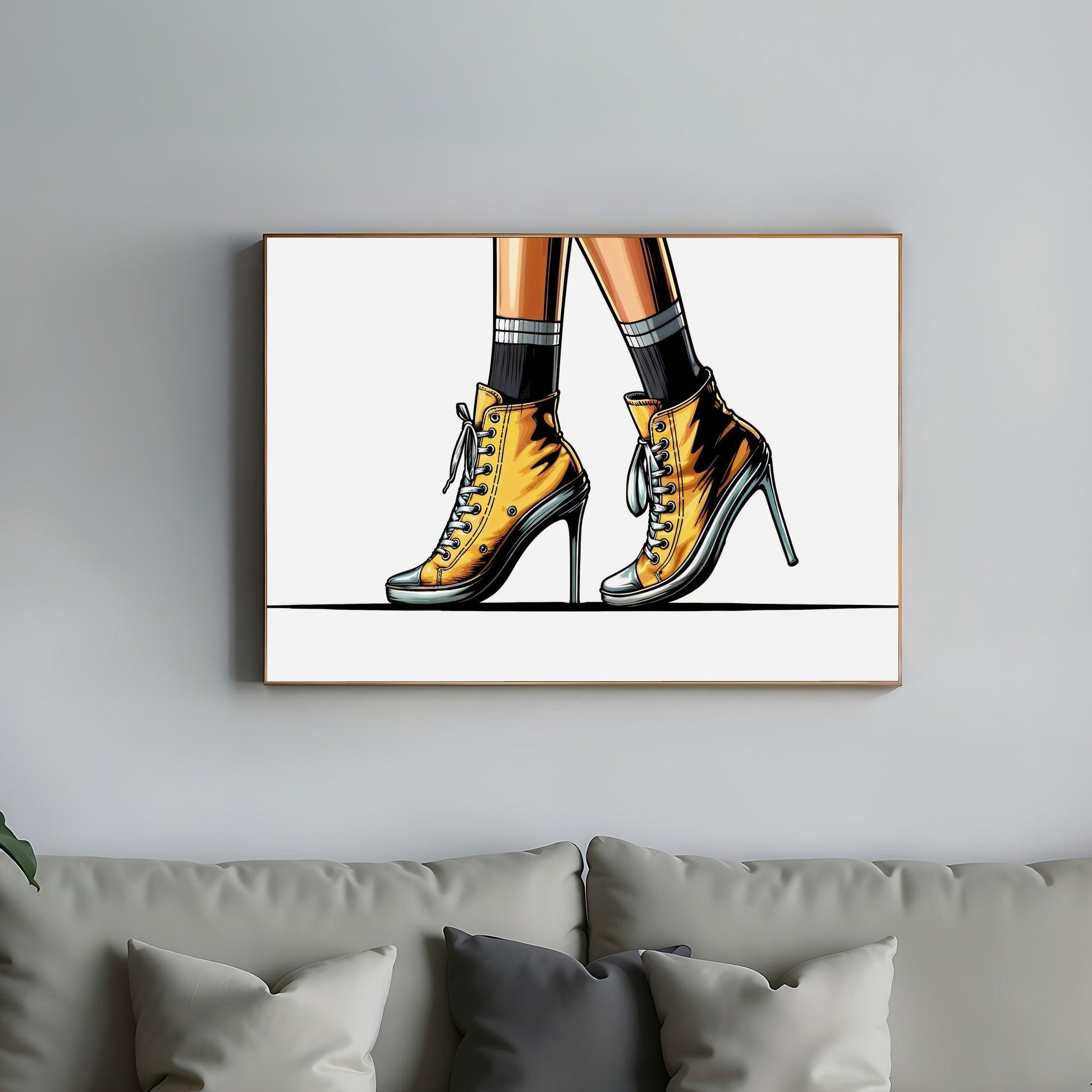 Stylish Heeled Pumps Digital Art | Striking Yellow High-Tops | Fashion Illustration Print | Home Decor | 100 x 70 cm - Arts To GloryStylish Heeled Pumps Digital Art | Striking Yellow High-Tops | Fashion Illustration Print | Home Decor | 100 x 70 cmSimple & StrikingArts To GloryContemporary wall art featuring an illustration of yellow high-top sneakers with black stiletto heels on a woman's feet, set against a stark white background, mounted above a sofa with soft pillows, presenting a playful tw