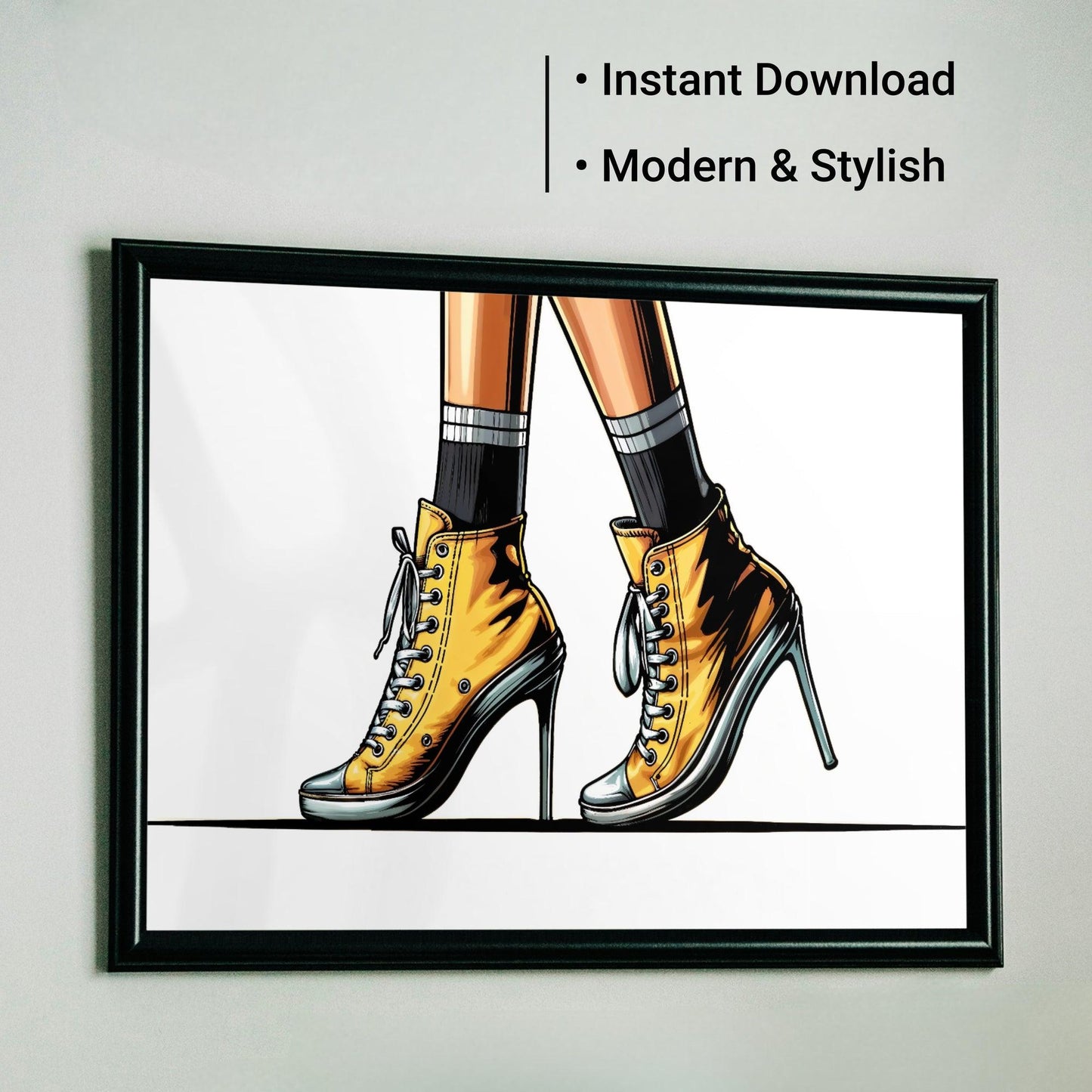 Stylish Heeled Pumps Digital Art | Striking Yellow High-Tops | Fashion Illustration Print | Home Decor | 100 x 70 cm - Arts To GloryStylish Heeled Pumps Digital Art | Striking Yellow High-Tops | Fashion Illustration Print | Home Decor | 100 x 70 cmSimple & StrikingArts To GloryFashion-forward framed wall art of yellow sneaker heels with Instant Download and Modern and Stylish, showcasing a unique blend of casual and chic for a trendsetting home decor piece.