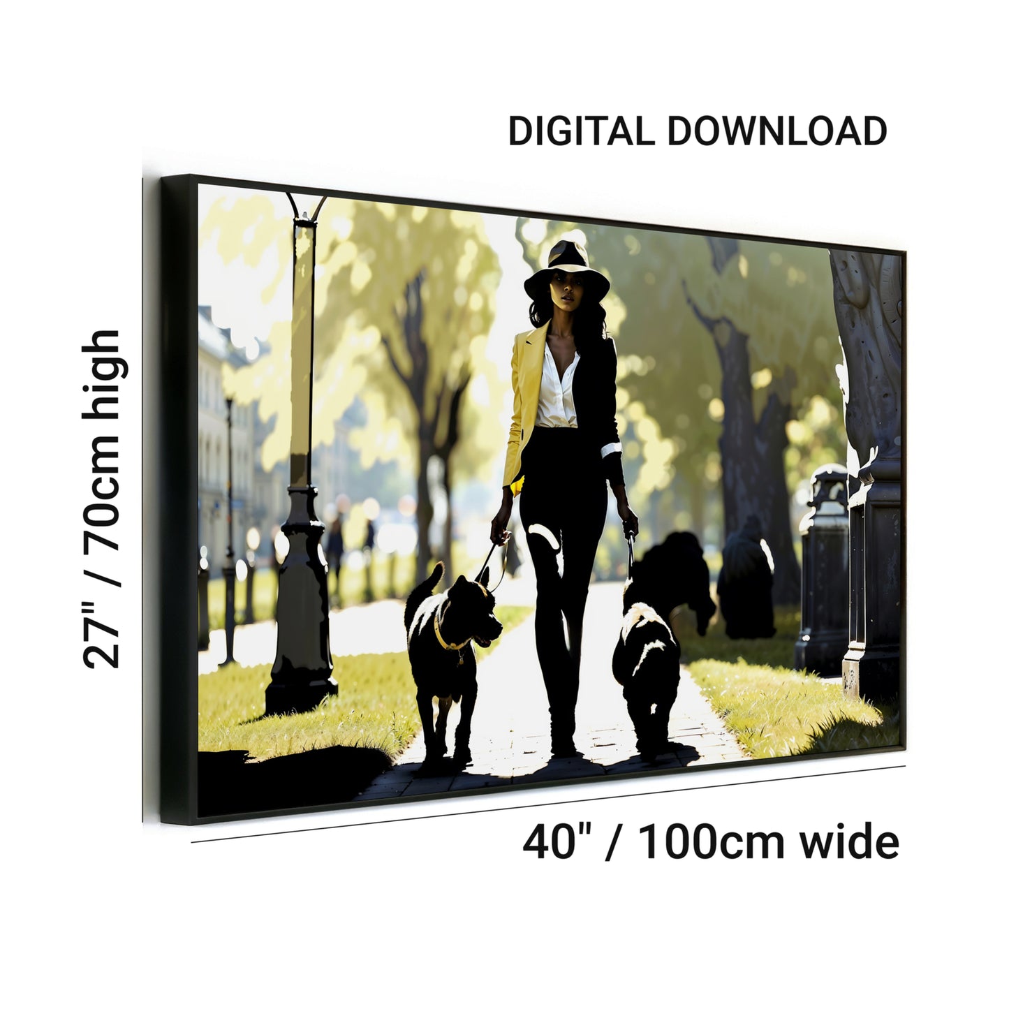 Woman Walking Dogs Through Park | Summer Silhouette Art | Sharp Contrast with Yellow & Green Accents | Wide Format | Home Decor | Digital Download | 100 x 70 cm - Arts To GloryWoman Walking Dogs Through Park | Summer Silhouette Art | Sharp Contrast with Yellow & Green Accents | Wide Format | Home Decor | Digital Download | 100 x 70 cmColourful ExpressionsArts To GloryDigital art print of a woman in a stylish hat and yellow jacket walking two dogs in a park, 40 inches wide by 27 inches high.