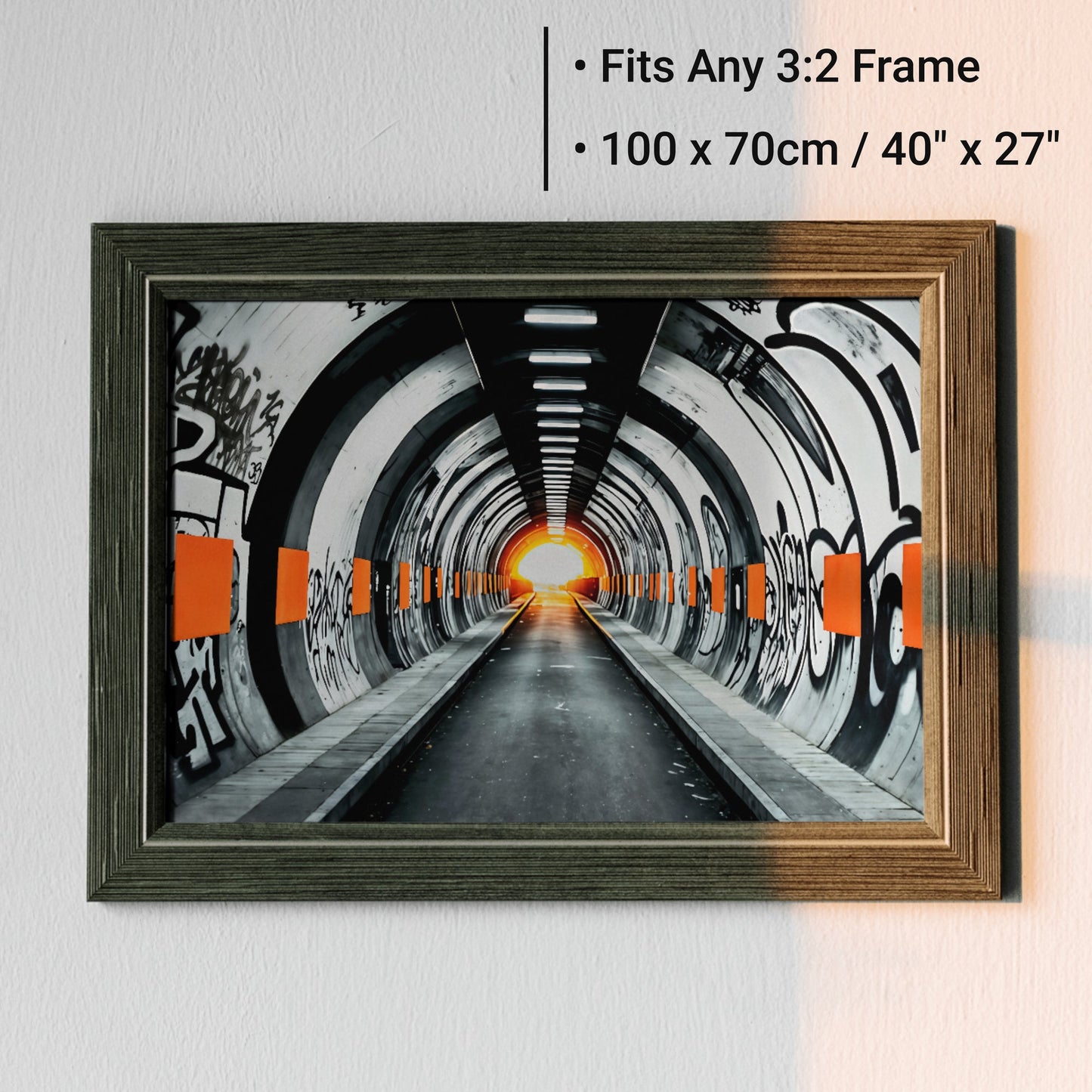 Subway Graffiti - Bold Digital Wall Art 100x70cm with Orange Accents - Arts To GlorySubway Graffiti - Bold Digital Wall Art 100x70cm with Orange AccentsDigital Wall ArtArts To GloryUrban subway tunnel covered in graffiti with bright orange accents, representing resilience and progress, 100x70cm.