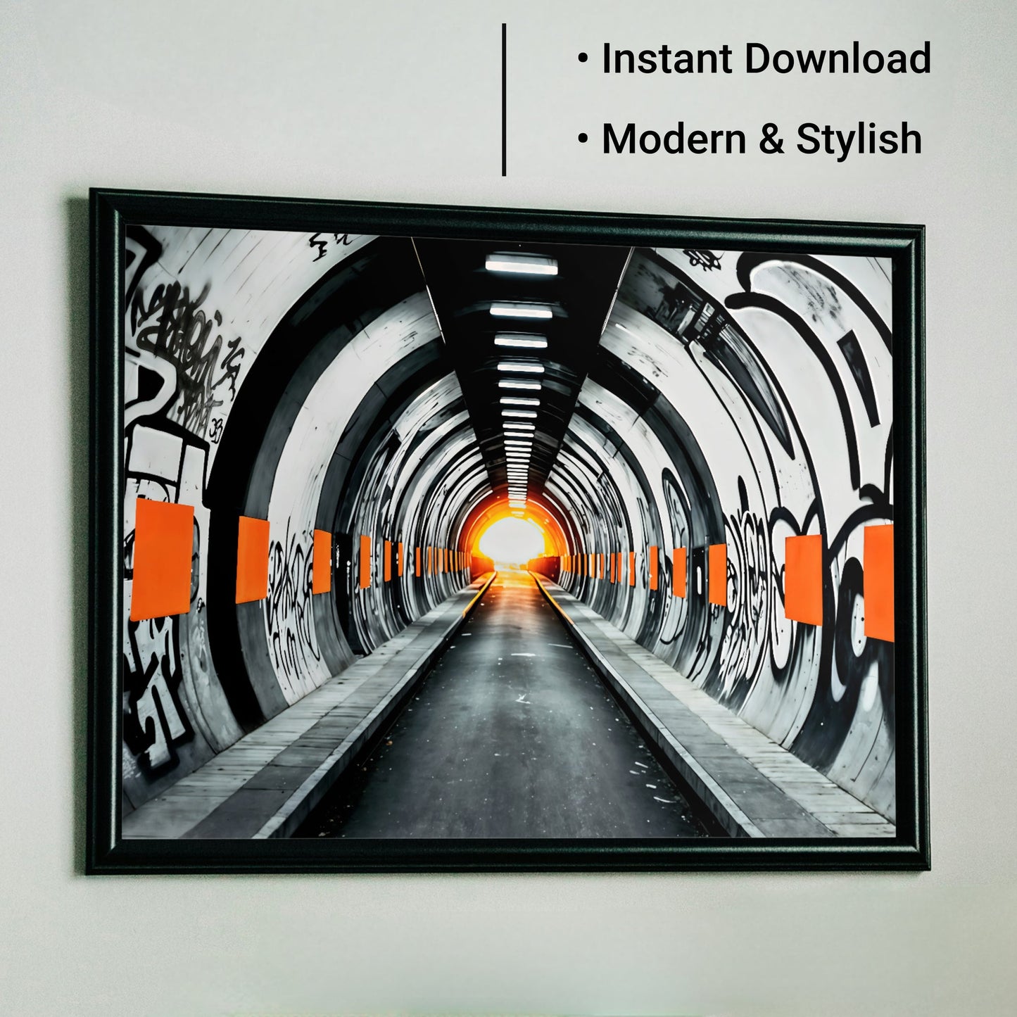 Subway Graffiti - Bold Digital Wall Art 100x70cm with Orange Accents - Arts To GlorySubway Graffiti - Bold Digital Wall Art 100x70cm with Orange AccentsDigital Wall ArtArts To GlorySurreal urban subway tunnel covered in graffiti with vivid orange accents, leading toward light symbolising progress, 100x70cm.