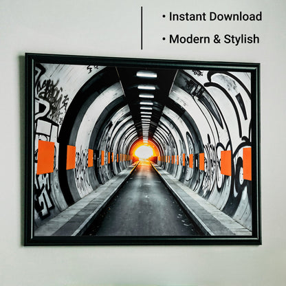 Subway Graffiti - Bold Digital Wall Art 100x70cm with Orange Accents - Arts To GlorySubway Graffiti - Bold Digital Wall Art 100x70cm with Orange AccentsDigital Wall ArtArts To GlorySurreal urban subway tunnel covered in graffiti with vivid orange accents, leading toward light symbolising progress, 100x70cm.