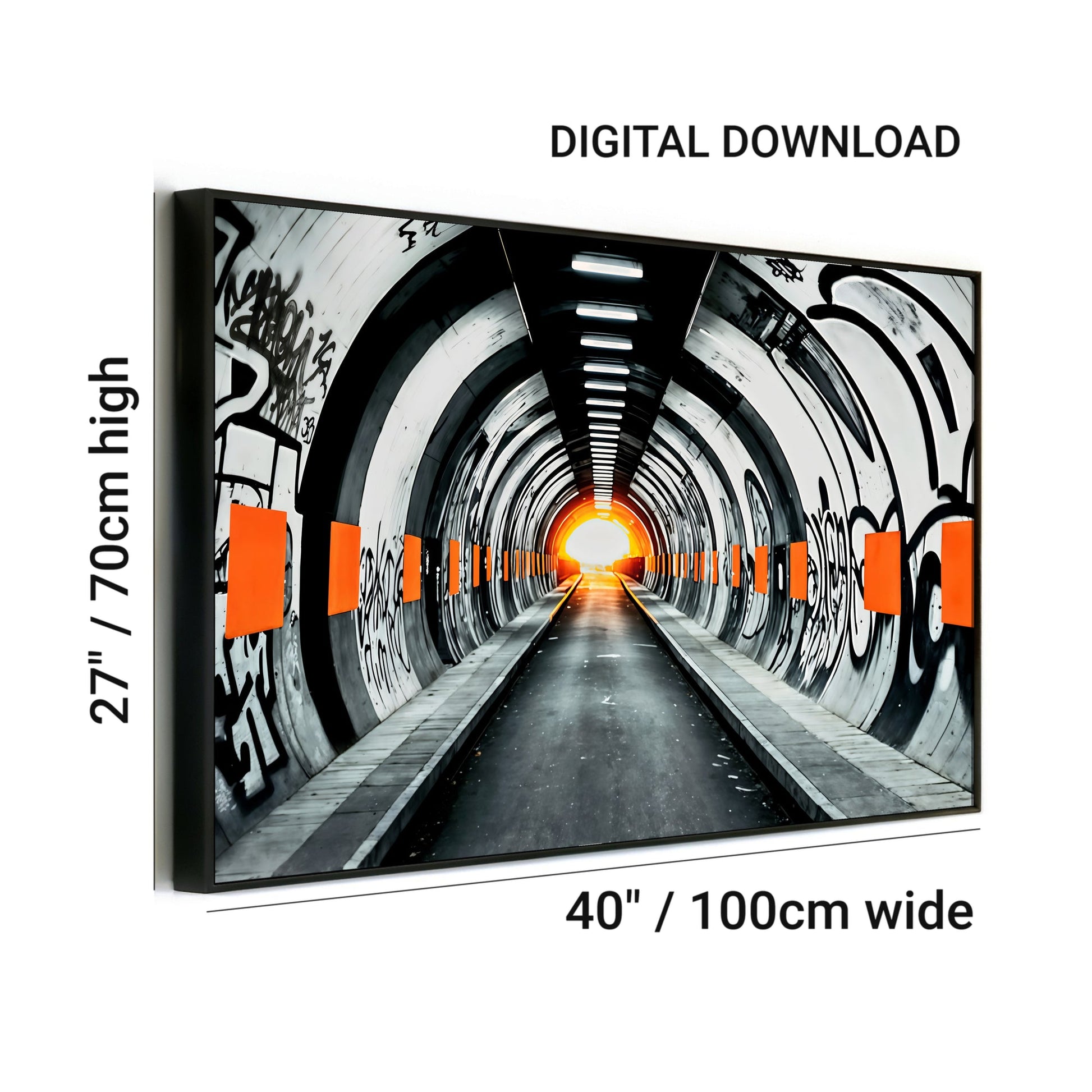 Subway Graffiti - Bold Digital Wall Art 100x70cm with Orange Accents - Arts To GlorySubway Graffiti - Bold Digital Wall Art 100x70cm with Orange AccentsDigital Wall ArtArts To GloryModern urban art featuring a subway tunnel covered in graffiti with bold orange accents, 100x70cm.