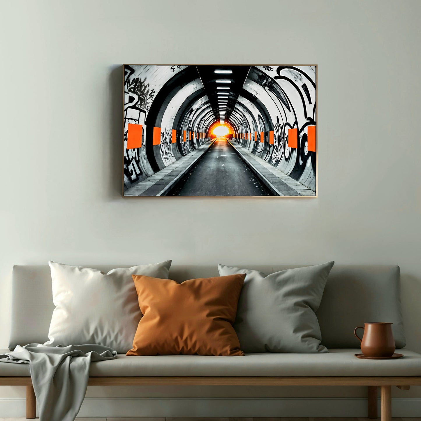 Subway Graffiti - Bold Digital Wall Art 100x70cm with Orange Accents - Arts To GlorySubway Graffiti - Bold Digital Wall Art 100x70cm with Orange AccentsDigital Wall ArtArts To GloryDramatic monochrome subway tunnel scene with vibrant orange graffiti details, symbolising resilience and moving forward, 100x70cm.