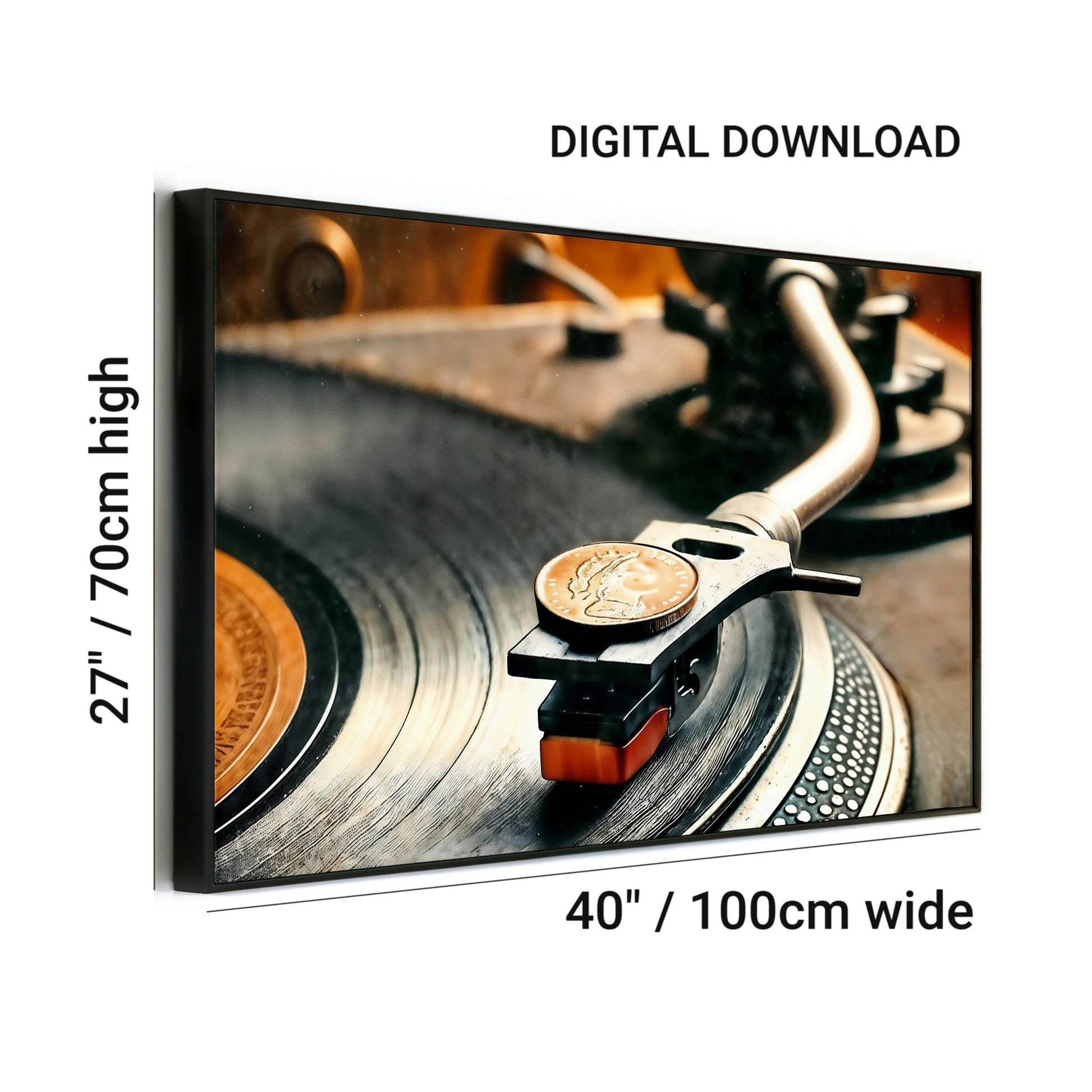 Turntable with Orange Label Record - High - Quality Digital Wall Art 100x70cm - Arts To GloryTurntable with Orange Label Record - High - Quality Digital Wall Art 100x70cmDigital Wall ArtArts To GloryTurntable with an orange label vinyl record and coin stylus detail, ideal for DJs and music lovers, 100x70cm.