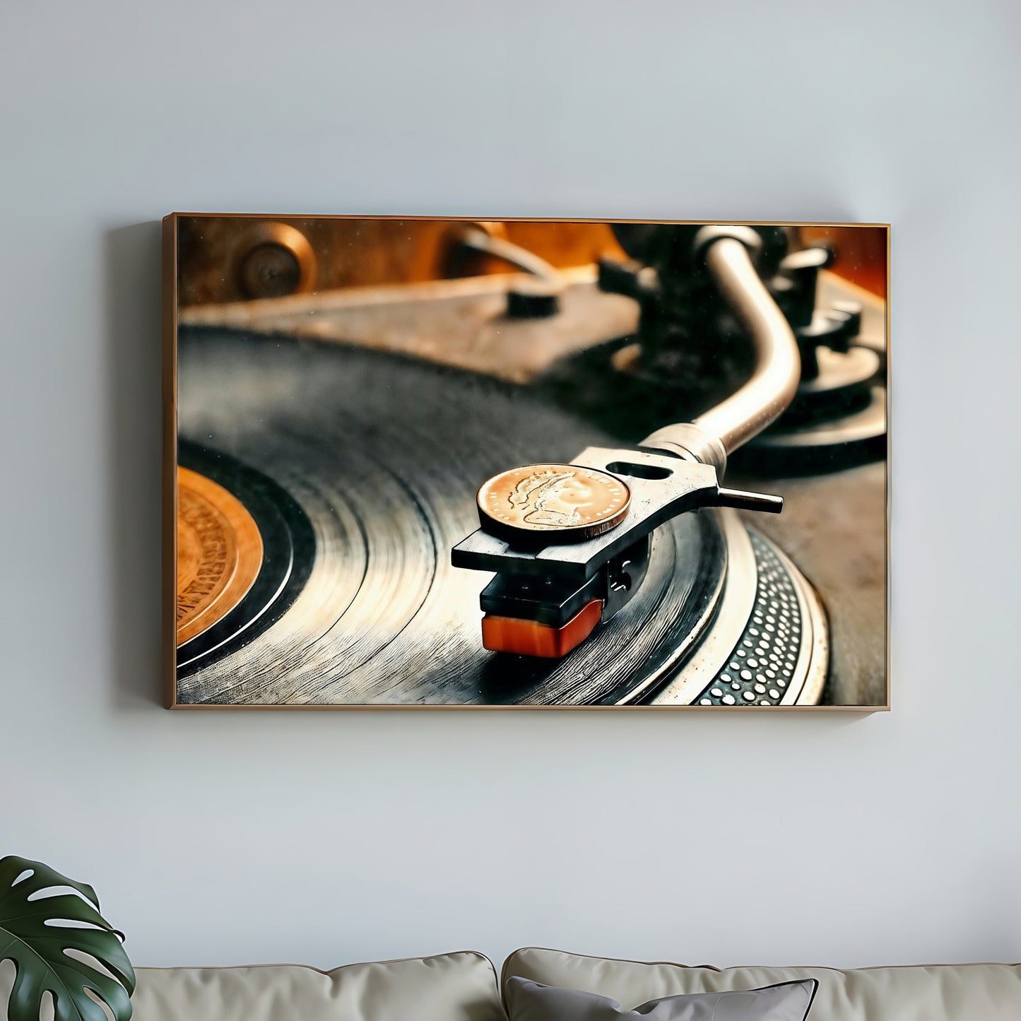 Turntable with Orange Label Record - High - Quality Digital Wall Art 100x70cm - Arts To GloryTurntable with Orange Label Record - High - Quality Digital Wall Art 100x70cmDigital Wall ArtArts To GloryClose - up of a turntable with a coin on the stylus and a bold orange vinyl label, perfect for DJs and music lovers, 100x70cm.