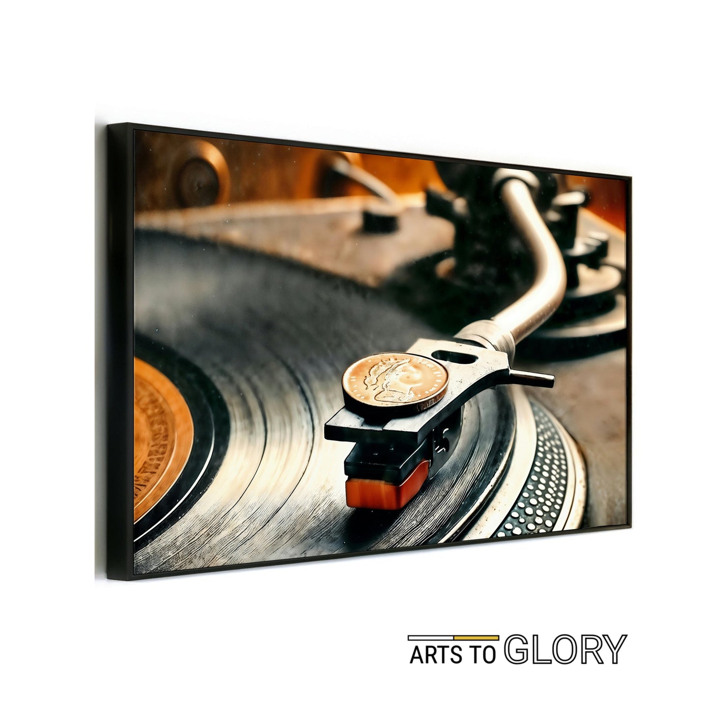 Turntable with Orange Label Record - High - Quality Digital Wall Art 100x70cm - Arts To GloryTurntable with Orange Label Record - High - Quality Digital Wall Art 100x70cmDigital Wall ArtArts To GloryHigh - quality close - up of a turntable playing an orange label record with a coin stylus weight, perfect for vinyl lovers and music enthusiasts, 100x70cm.