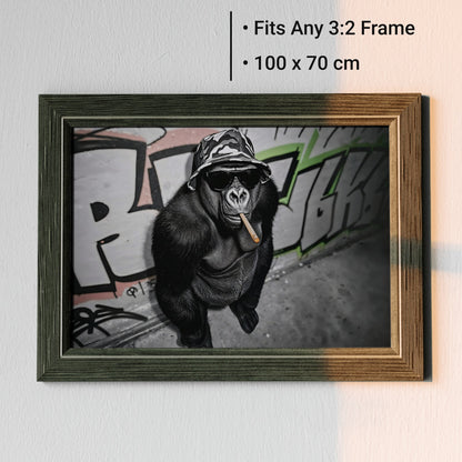 Urban Gorilla - Arts To GloryUrban GorillaDigital Wall ArtArts To GloryGorilla smoking a cigar digital print presented in a stylish wooden frame, displaying artwork dimensions clearly.