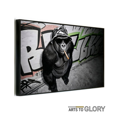 Urban Gorilla - Arts To GloryUrban GorillaDigital Wall ArtArts To GloryMain mock - up featuring a stylish monochrome gorilla smoking a cigar against vivid green graffiti, clearly branded Arts To Glory.