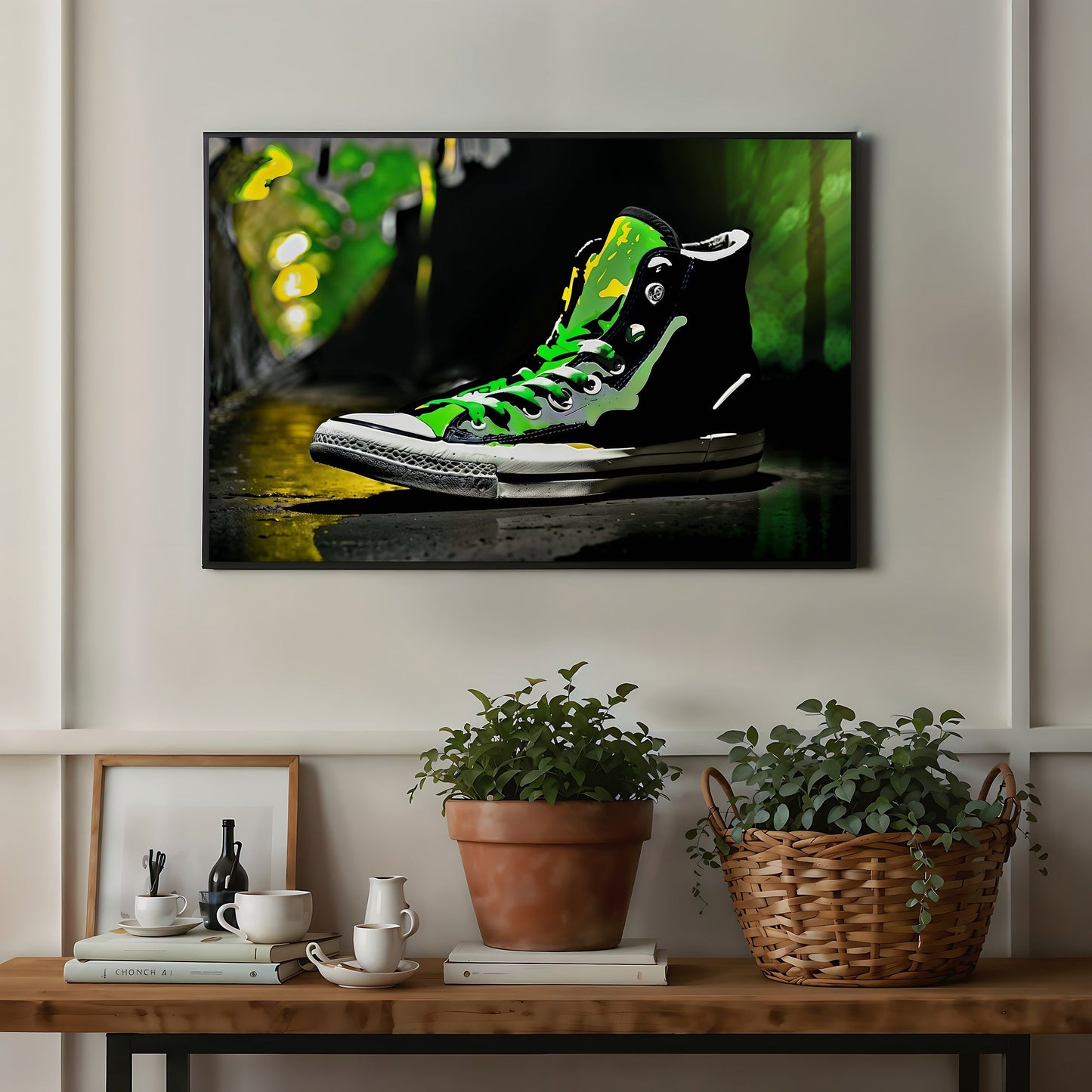 Urban Green High-Top Pump | Vibrant Streetwear Inspired Wall Art | Energetic Green Laces | Dramatic Contrast Footwear Illustration | Digital Download | Home Decor | 100 x 70 cm - Arts To GloryUrban Green High-Top Pump | Vibrant Streetwear Inspired Wall Art | Energetic Green Laces | Dramatic Contrast Footwear Illustration | Digital Download | Home Decor | 100 x 70 cmColourful ExpressionsArts To GloryWall-mounted art of a vibrant green high-top sneaker, enhancing a cosy interior with houseplants a