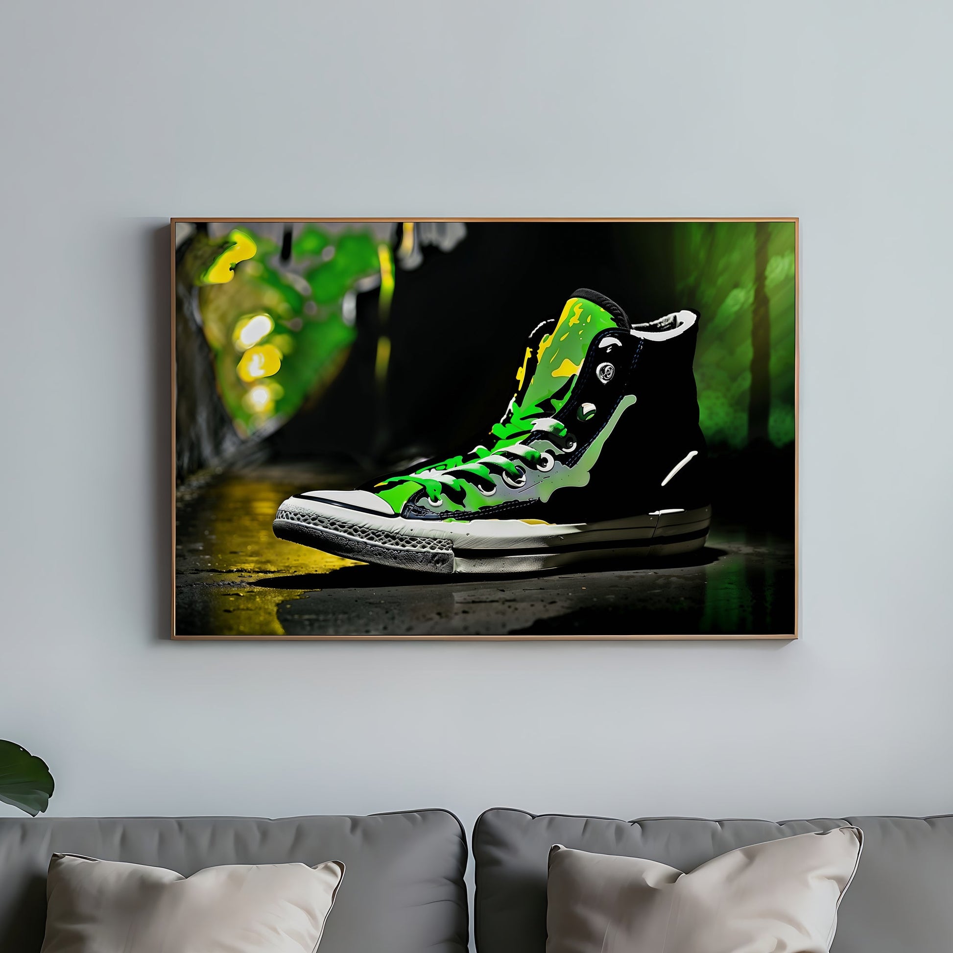 Urban Green High-Top Pump | Vibrant Streetwear Inspired Wall Art | Energetic Green Laces | Dramatic Contrast Footwear Illustration | Digital Download | Home Decor | 100 x 70 cm - Arts To GloryUrban Green High-Top Pump | Vibrant Streetwear Inspired Wall Art | Energetic Green Laces | Dramatic Contrast Footwear Illustration | Digital Download | Home Decor | 100 x 70 cmColourful ExpressionsArts To GloryWall art of an urban green high-top sneaker with vibrant laces displayed in a modern living room a