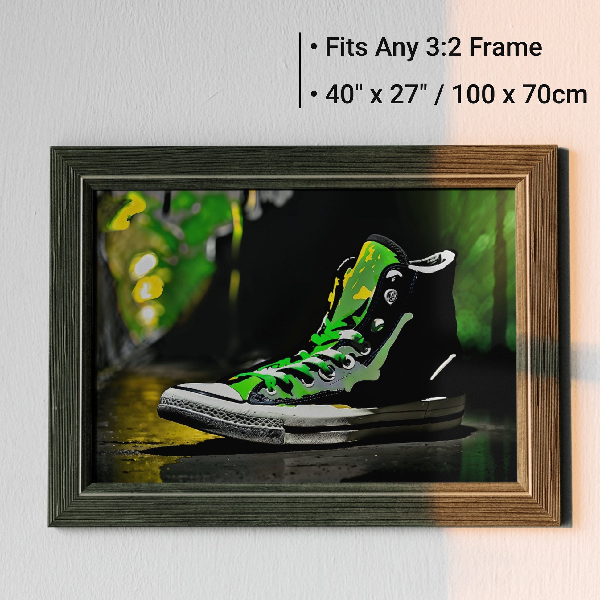 Urban Green High-Top Pump | Vibrant Streetwear Inspired Wall Art | Energetic Green Laces | Dramatic Contrast Footwear Illustration | Digital Download | Home Decor | 100 x 70 cm - Arts To GloryUrban Green High-Top Pump | Vibrant Streetwear Inspired Wall Art | Energetic Green Laces | Dramatic Contrast Footwear Illustration | Digital Download | Home Decor | 100 x 70 cmColourful ExpressionsArts To GloryGraphic wall art of a high-top sneaker with green detailing, presented in a wooden frame with spec