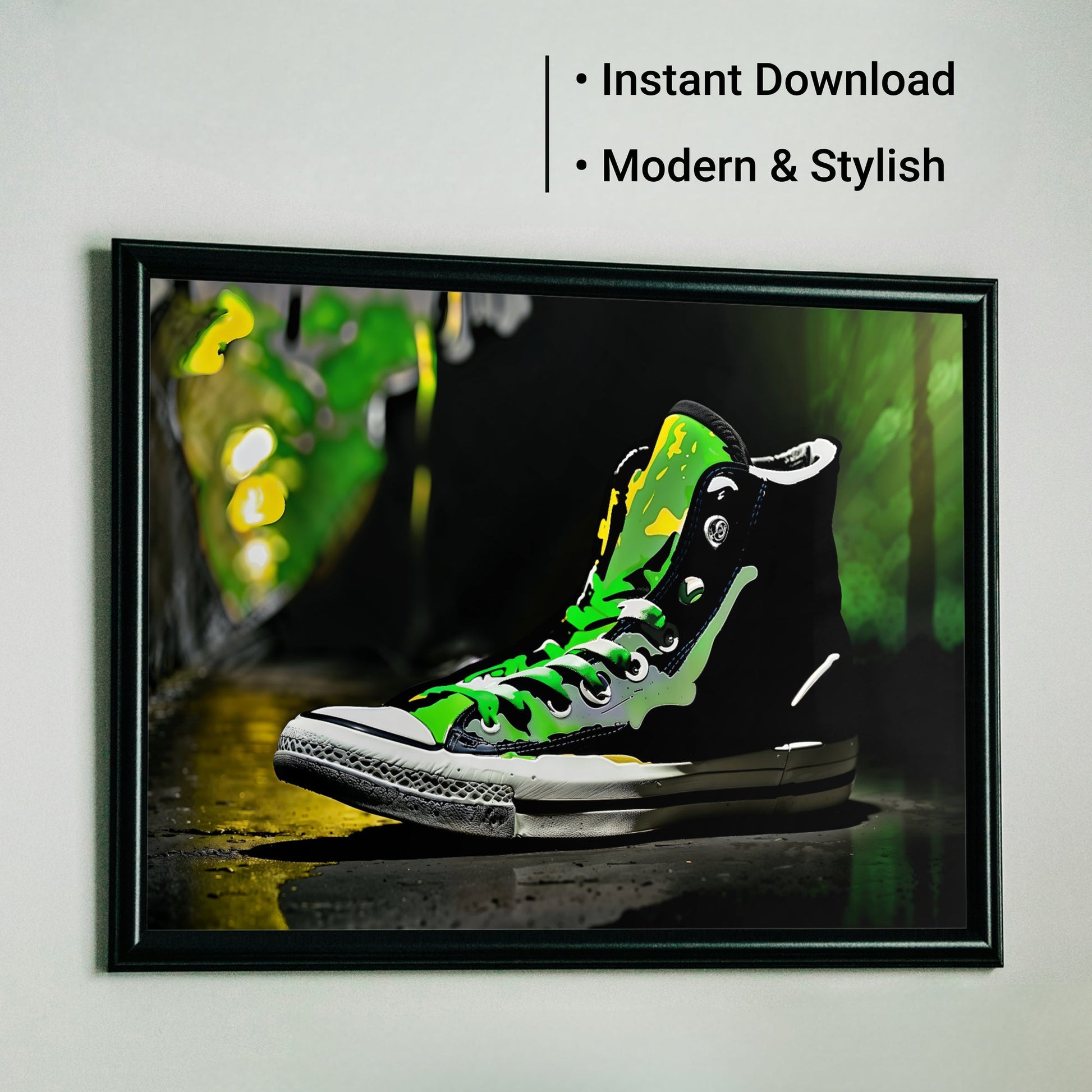 Urban Green High-Top Pump | Vibrant Streetwear Inspired Wall Art | Energetic Green Laces | Dramatic Contrast Footwear Illustration | Digital Download | Home Decor | 100 x 70 cm - Arts To GloryUrban Green High-Top Pump | Vibrant Streetwear Inspired Wall Art | Energetic Green Laces | Dramatic Contrast Footwear Illustration | Digital Download | Home Decor | 100 x 70 cmColourful ExpressionsArts To GloryFramed wall art featuring a high-top sneaker with green laces, highlighted with bullet points for 