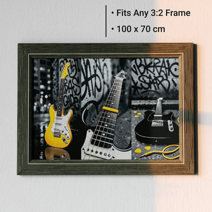 Urban Guitar Trio - Arts To GloryUrban Guitar TrioDigital Wall ArtArts To GloryYellow - accented guitar artwork displayed in a rustic wood frame with a measurement overlay and urban background.