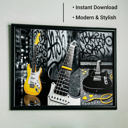 Urban Guitar Trio - Arts To GloryUrban Guitar TrioDigital Wall ArtArts To GloryUrban guitar triptych digital download in a black frame displayed above a modern sofa, with text overlay showing instant download and yellow styling.