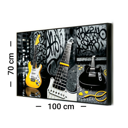 Urban Guitar Trio - Arts To GloryUrban Guitar TrioDigital Wall ArtArts To GloryHorizontal wall art with yellow guitars and city graffiti shown with 100x70cm frame sizing for scale reference.