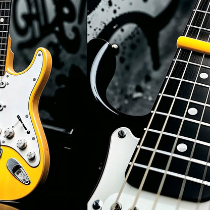 Urban Guitar Trio - Arts To GloryUrban Guitar TrioDigital Wall ArtArts To GloryClose - up view of a yellow guitar reflecting in wet pavement beside graffiti - covered walls.