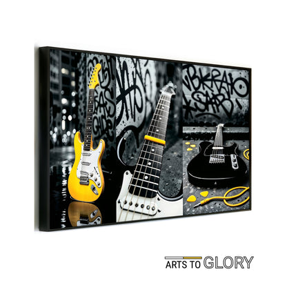 Urban Guitar Trio - Arts To GloryUrban Guitar TrioDigital Wall ArtArts To GloryHorizontal triptych wall art featuring three guitars with yellow accents in a gritty urban setting, displayed with Arts To Glory branding.