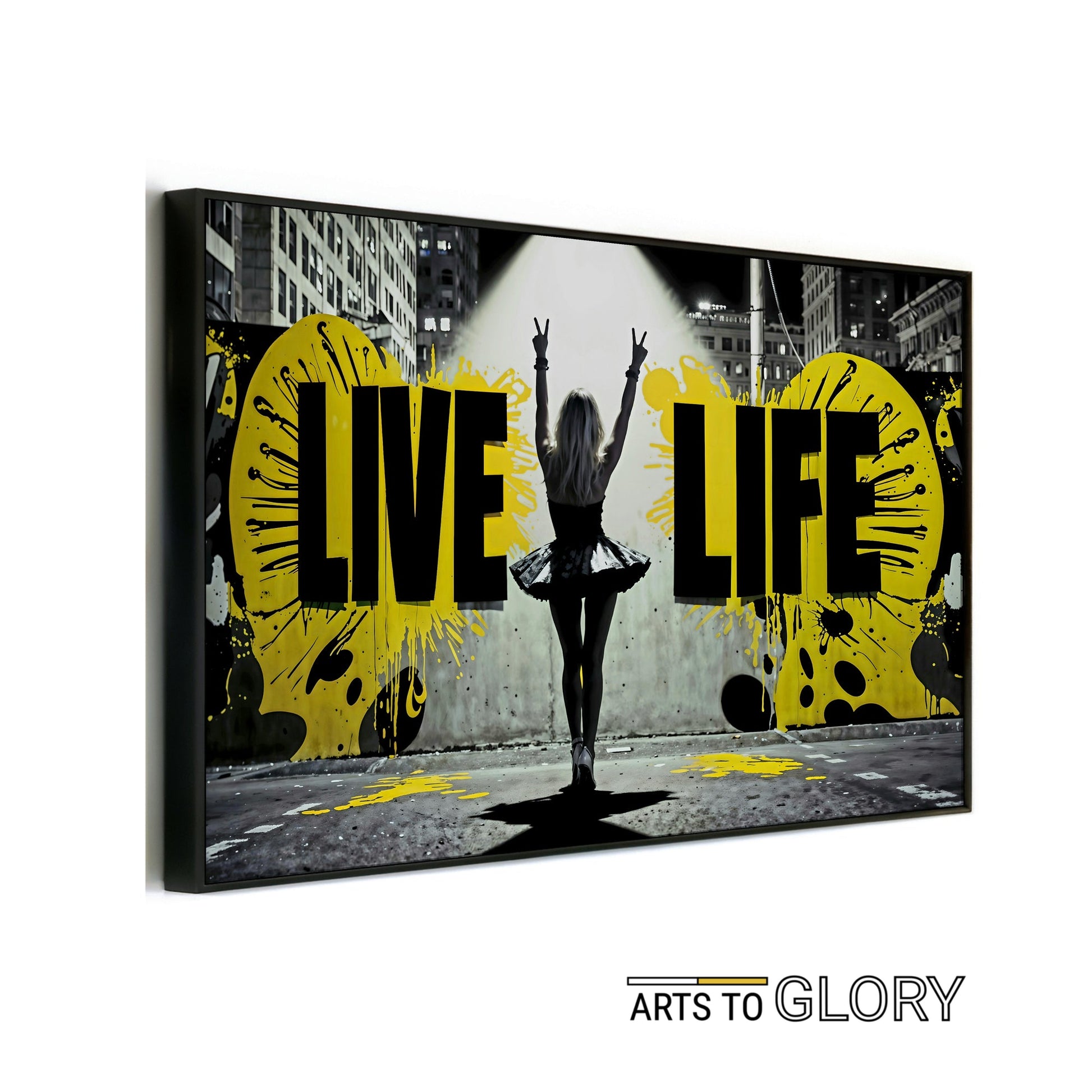 Urban Motivation Art | Live Life Quote | Woman with Peace Signs | Bold Yellow and Black Accents | Modern Digital Art | 100 x 70 cm | Home Décor - Arts To GloryUrban Motivation Art | Live Life Quote | Woman with Peace Signs | Bold Yellow and Black Accents | Modern Digital Art | 100 x 70 cm | Home DécorTextual NarrativesArts To Glory"Live Life" urban motivation art featuring a woman in a tutu with peace signs, bold black and yellow accents, 100x70cm, Arts to Glory.