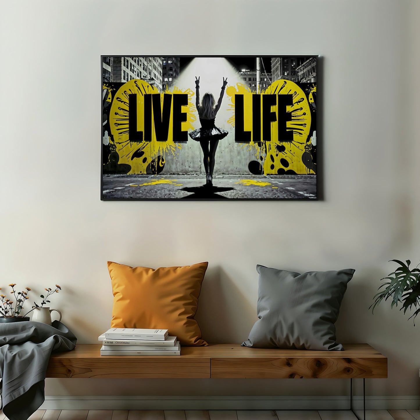 Urban Motivation Art | Live Life Quote | Woman with Peace Signs | Bold Yellow and Black Accents | Modern Digital Art | 100 x 70 cm | Home Décor - Arts To GloryUrban Motivation Art | Live Life Quote | Woman with Peace Signs | Bold Yellow and Black Accents | Modern Digital Art | 100 x 70 cm | Home DécorTextual NarrativesArts To Glory"Live Life" wall art in a modern home décor setting, featuring a woman in a tutu making peace signs, with bold black and yellow splashes, 100x70cm, Arts to Glory.