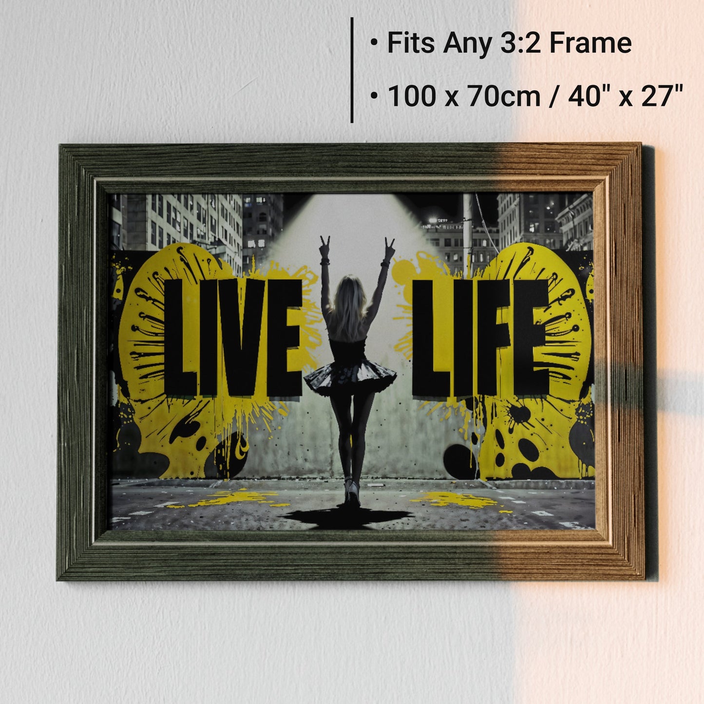 Urban Motivation Art | Live Life Quote | Woman with Peace Signs | Bold Yellow and Black Accents | Modern Digital Art | 100 x 70 cm | Home Décor - Arts To GloryUrban Motivation Art | Live Life Quote | Woman with Peace Signs | Bold Yellow and Black Accents | Modern Digital Art | 100 x 70 cm | Home DécorTextual NarrativesArts To Glory"Live Life" art piece framed, fitting any 3:2 frame, with size dimensions 100x70cm (40x27 inches), featuring a woman in a tutu making peace signs, bold black and yello