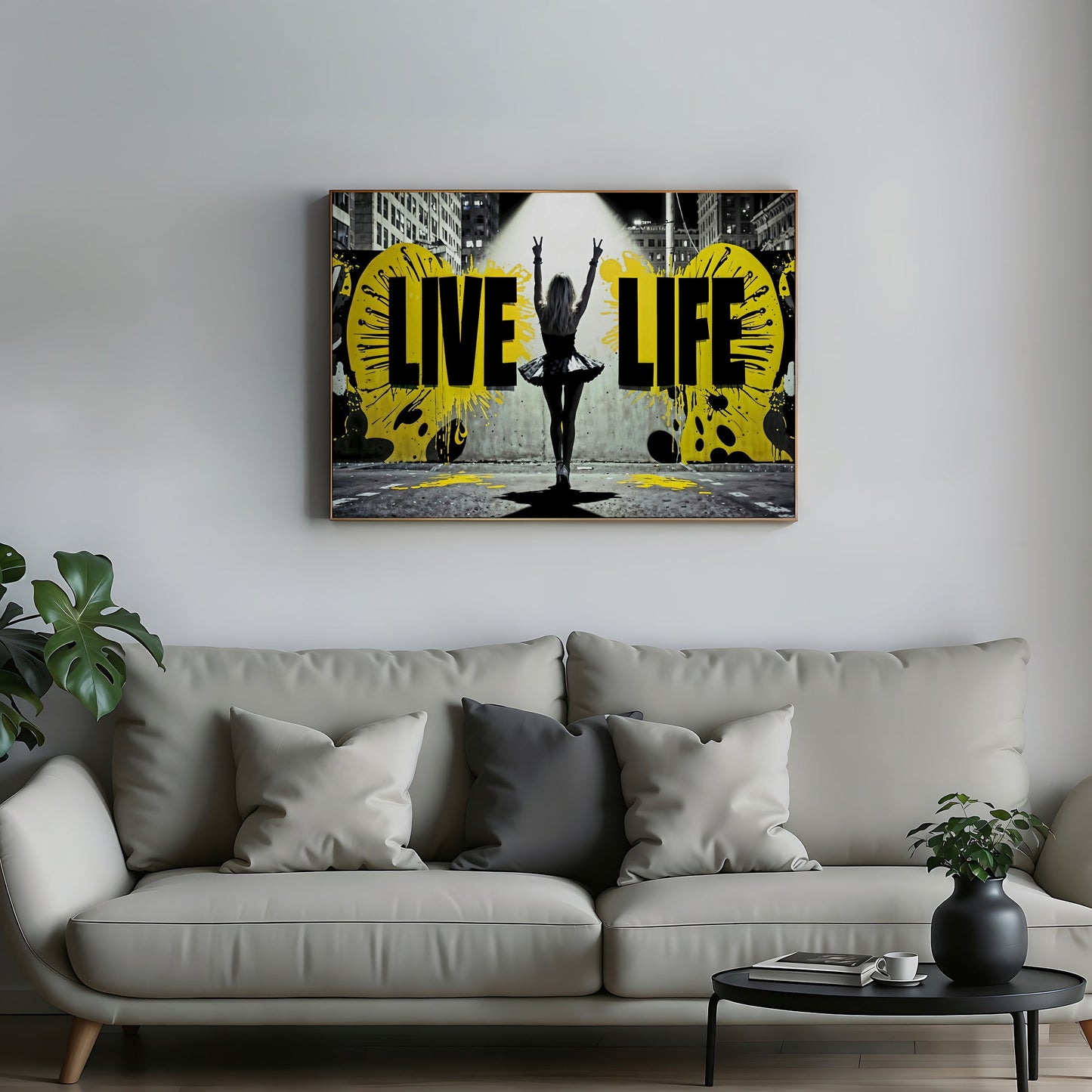 Urban Motivation Art | Live Life Quote | Woman with Peace Signs | Bold Yellow and Black Accents | Modern Digital Art | 100 x 70 cm | Home Décor - Arts To GloryUrban Motivation Art | Live Life Quote | Woman with Peace Signs | Bold Yellow and Black Accents | Modern Digital Art | 100 x 70 cm | Home DécorTextual NarrativesArts To GloryUrban inspirational art titled "Live Life" featuring a woman in a tutu making peace signs, vibrant black and yellow splashes, 100x70cm, Arts to Glory.