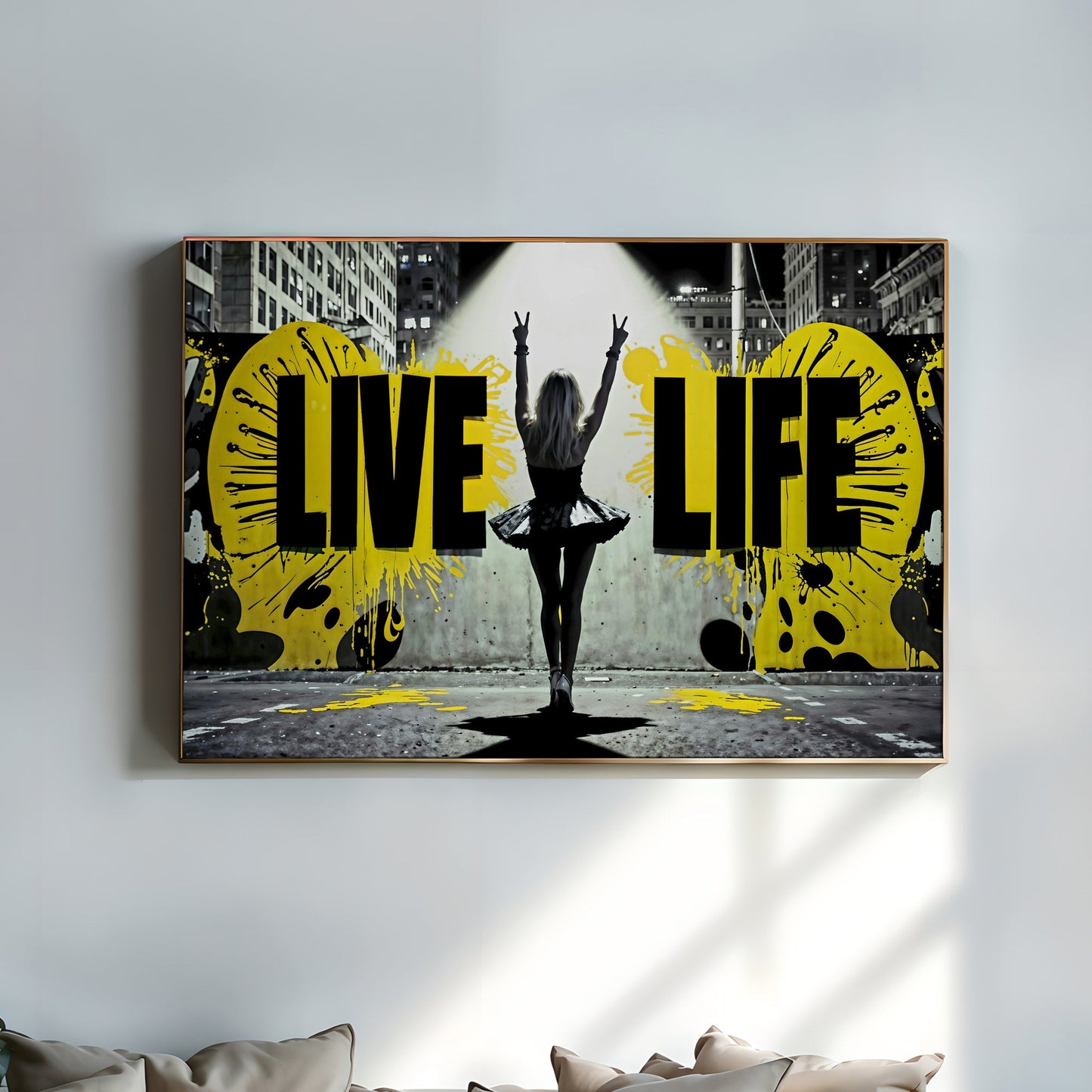 Urban Motivation Art | Live Life Quote | Woman with Peace Signs | Bold Yellow and Black Accents | Modern Digital Art | 100 x 70 cm | Home Décor - Arts To GloryUrban Motivation Art | Live Life Quote | Woman with Peace Signs | Bold Yellow and Black Accents | Modern Digital Art | 100 x 70 cm | Home DécorTextual NarrativesArts To Glory"Live Life" motivational wall art displayed in a home interior setting, featuring a woman in a tutu making peace signs, with bold black and yellow splashes, 100x70cm, 