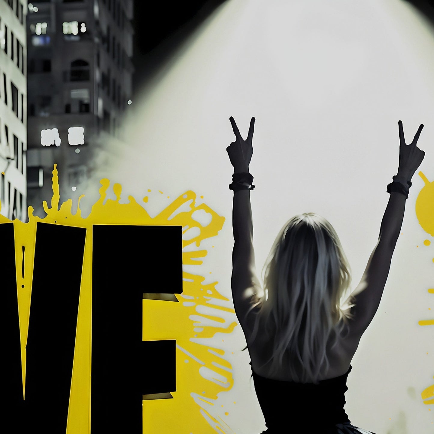 Urban Motivation Art | Live Life Quote | Woman with Peace Signs | Bold Yellow and Black Accents | Modern Digital Art | 100 x 70 cm | Home Décor - Arts To GloryUrban Motivation Art | Live Life Quote | Woman with Peace Signs | Bold Yellow and Black Accents | Modern Digital Art | 100 x 70 cm | Home DécorTextual NarrativesArts To GloryClose - up of "Live Life" art piece featuring a woman in a tutu making peace signs, with bold black and yellow splashes, 100x70cm, Arts to Glory.