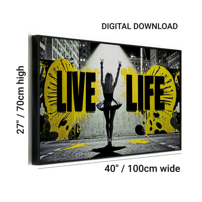 Urban Motivation Art | Live Life Quote | Woman with Peace Signs | Bold Yellow and Black Accents | Modern Digital Art | 100 x 70 cm | Home Décor - Arts To GloryUrban Motivation Art | Live Life Quote | Woman with Peace Signs | Bold Yellow and Black Accents | Modern Digital Art | 100 x 70 cm | Home DécorTextual NarrativesArts To Glory"Live Life" digital download art piece with size dimensions 100x70cm (40x27 inches), featuring a woman in a tutu making peace signs, bold black and yellow design, Arts