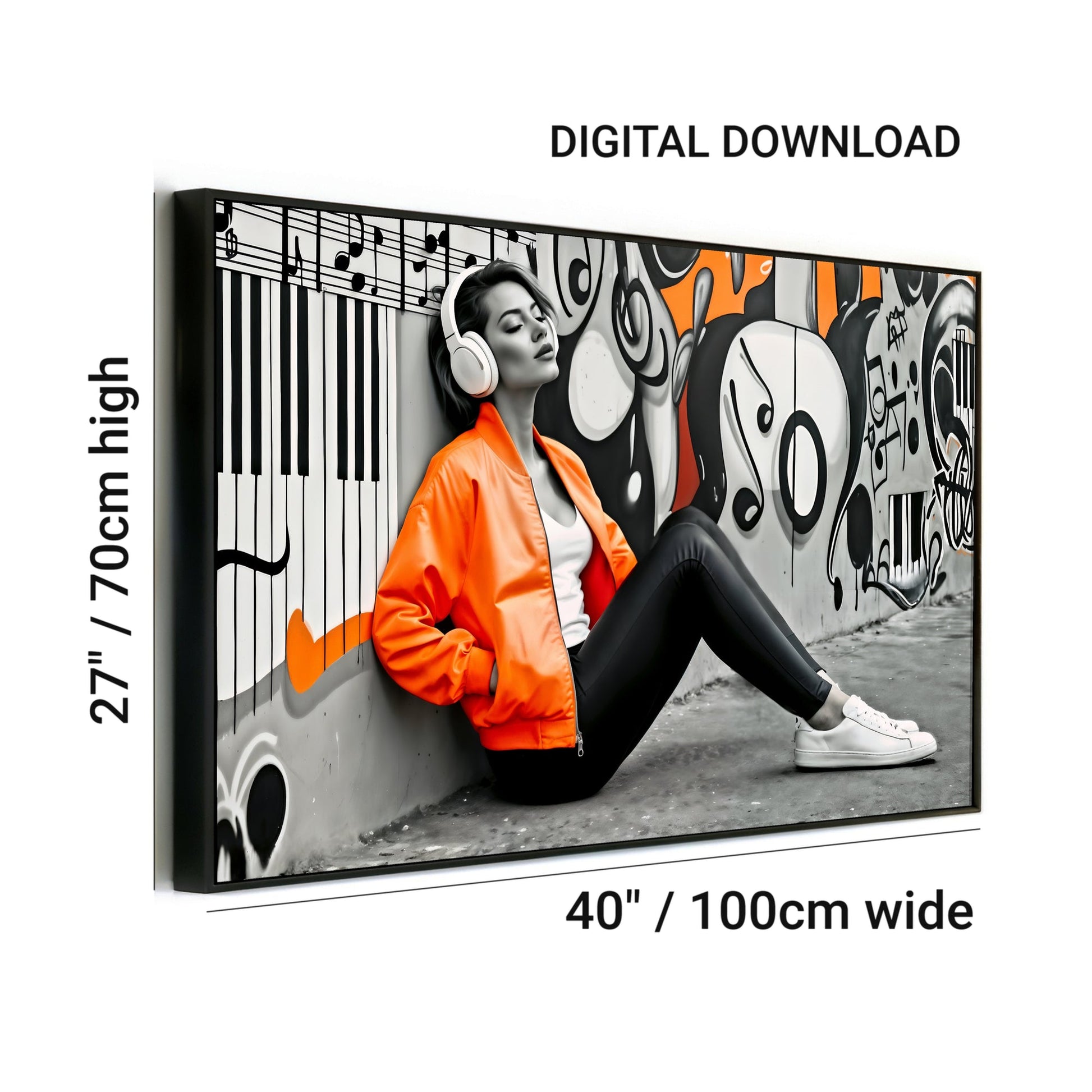 Urban Music Vibes - Woman in Orange Jacket & Headphones Digital Wall Art - Arts To GloryUrban Music Vibes - Woman in Orange Jacket & Headphones Digital Wall ArtOrangeArts To GloryDigital download of a woman wearing headphones and an orange jacket, surrounded by urban musical graffiti, 100x70cm.