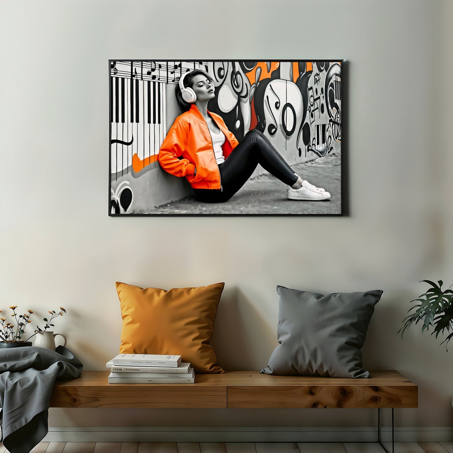 Urban Music Vibes - Woman in Orange Jacket & Headphones Digital Wall Art - Arts To GloryUrban Music Vibes - Woman in Orange Jacket & Headphones Digital Wall ArtOrangeArts To GloryContemporary urban wall art featuring a woman in an orange jacket with headphones, listening to music in a city setting, 100x70cm.