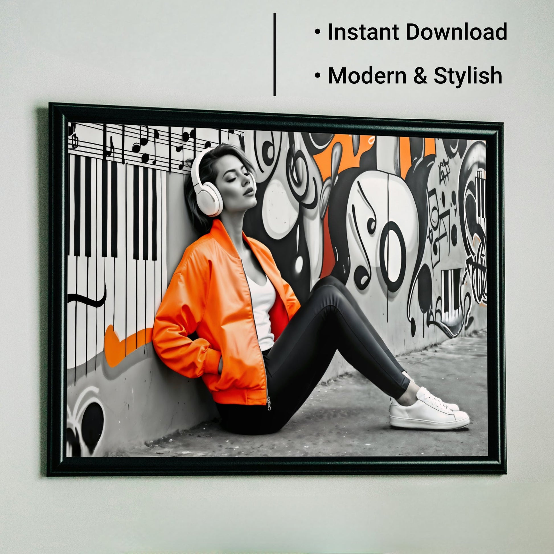 Urban Music Vibes - Woman in Orange Jacket & Headphones Digital Wall Art - Arts To GloryUrban Music Vibes - Woman in Orange Jacket & Headphones Digital Wall ArtOrangeArts To GloryDigital download showing a woman in an urban cityscape wearing headphones and an orange jacket, available in 100x70cm, for music lovers.