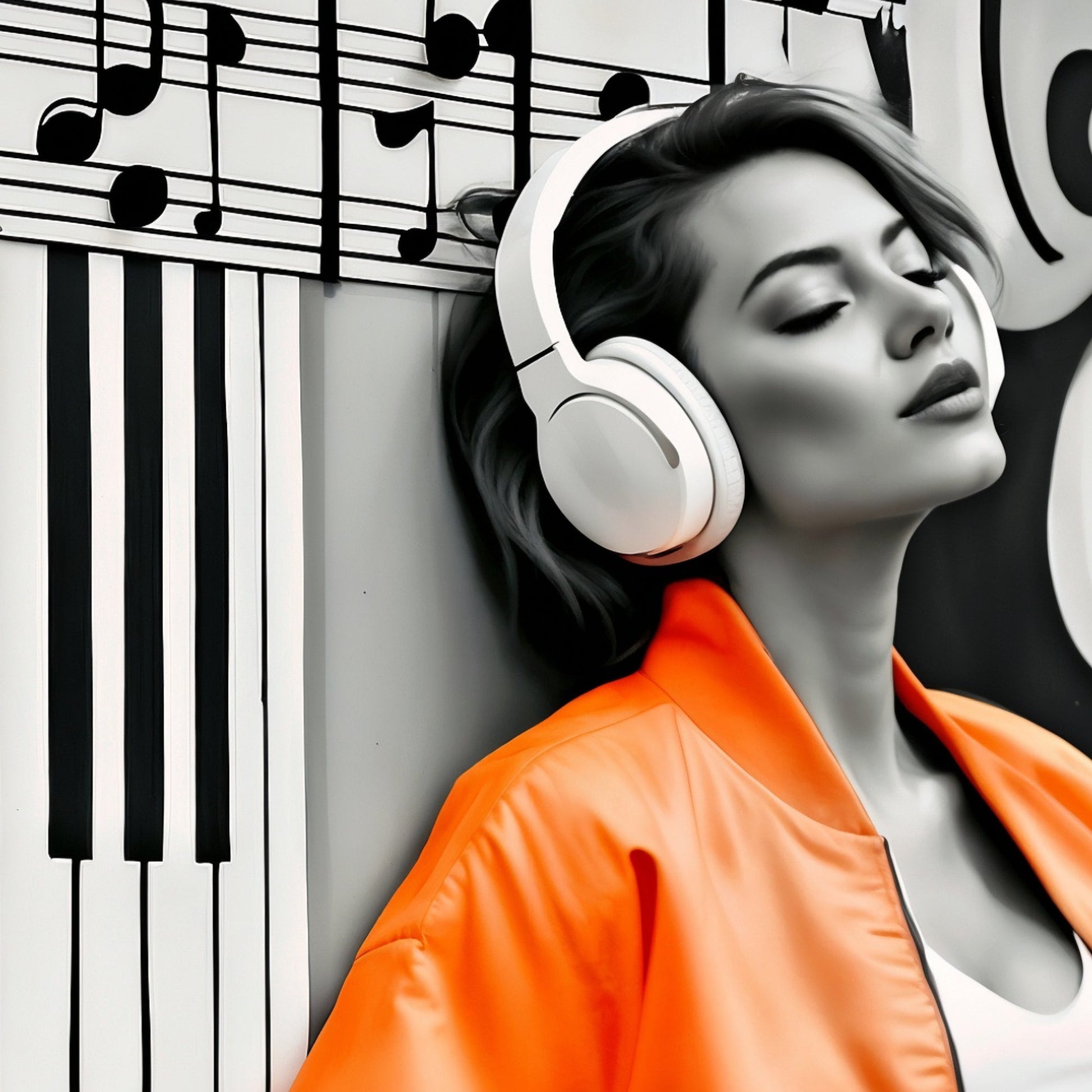 Urban Music Vibes - Woman in Orange Jacket & Headphones Digital Wall Art - Arts To GloryUrban Music Vibes - Woman in Orange Jacket & Headphones Digital Wall ArtOrangeArts To GloryClose - up view of a woman with headphones and an orange jacket against an urban musical backdrop, perfect for modern décor.