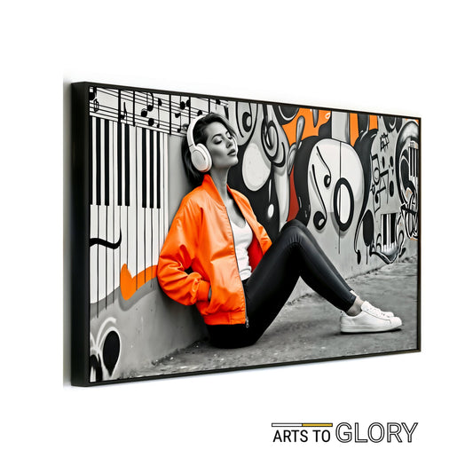 Urban Music Vibes - Woman in Orange Jacket & Headphones Digital Wall Art - Arts To GloryUrban Music Vibes - Woman in Orange Jacket & Headphones Digital Wall ArtOrangeArts To GloryDigital art of a woman in an orange jacket with headphones, immersed in music against a monochrome city background. Size: 100x70cm.