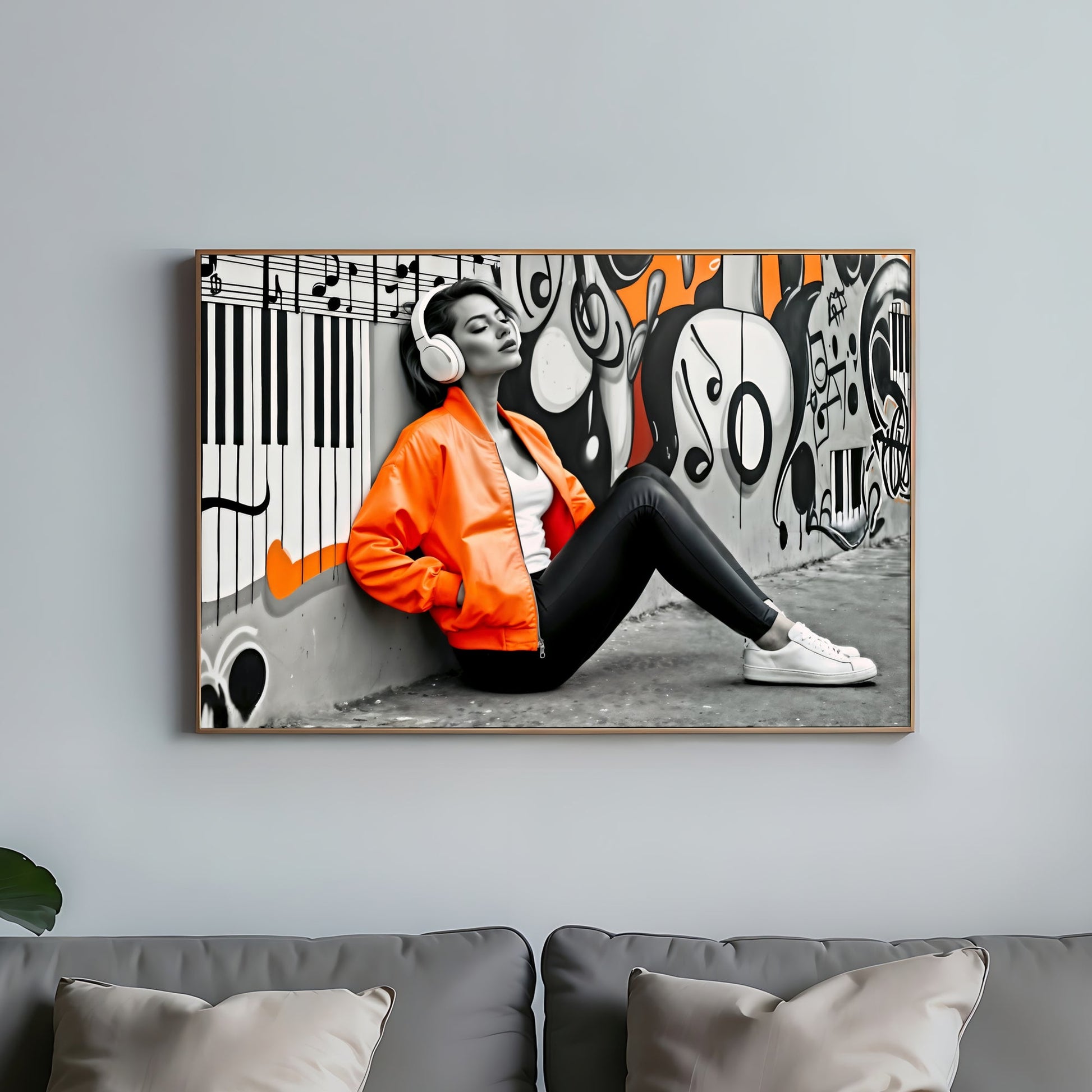 Urban Music Vibes - Woman in Orange Jacket & Headphones Digital Wall Art - Arts To GloryUrban Music Vibes - Woman in Orange Jacket & Headphones Digital Wall ArtOrangeArts To GloryUrban modern wall art of a woman listening to music in a city scene, wearing a vibrant orange jacket, 100x70cm.