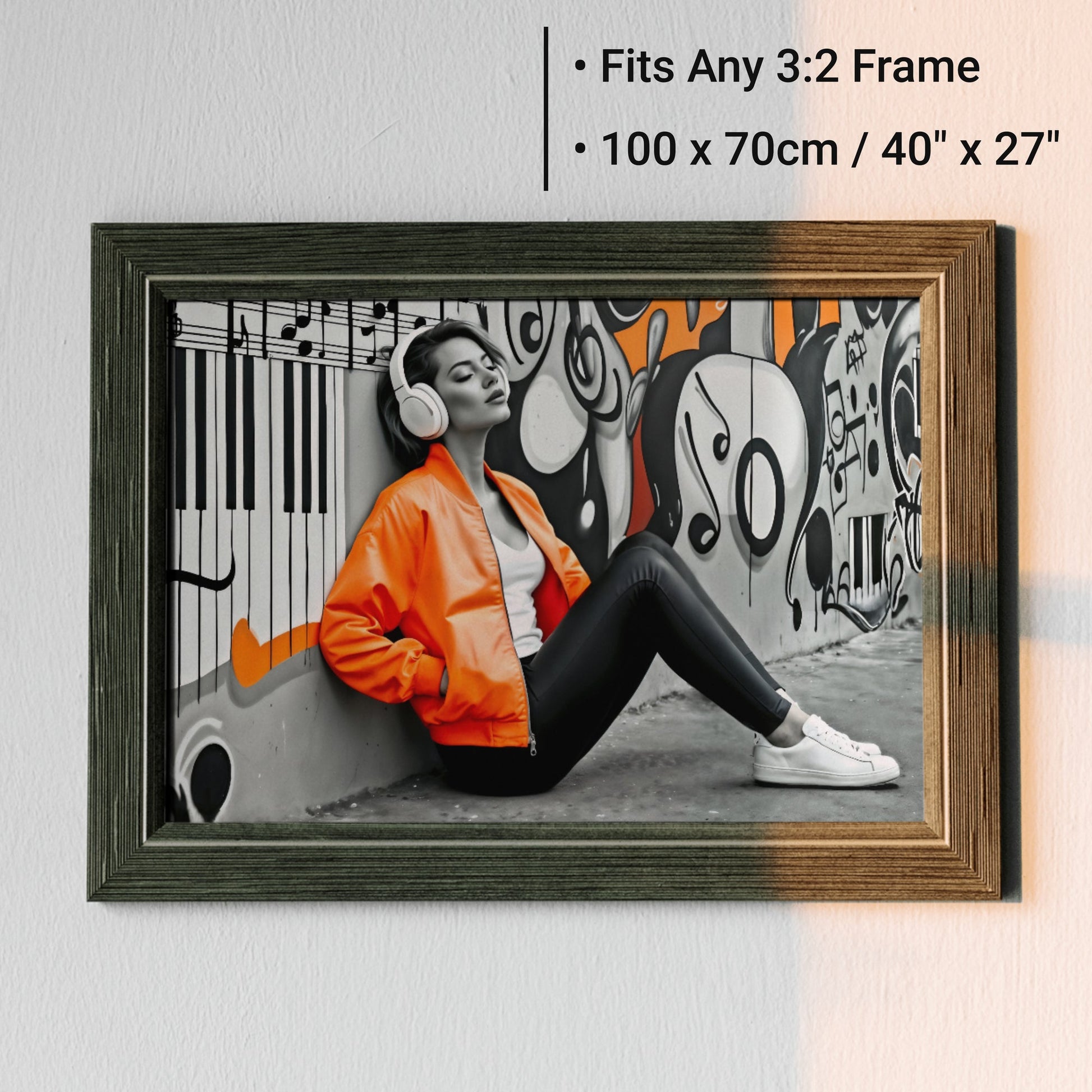 Urban Music Vibes - Woman in Orange Jacket & Headphones Digital Wall Art - Arts To GloryUrban Music Vibes - Woman in Orange Jacket & Headphones Digital Wall ArtOrangeArts To GloryDigital wall art of a music - themed urban scene, showcasing a woman in an orange jacket and headphones, designed for 3:2 frames, 100x70cm.