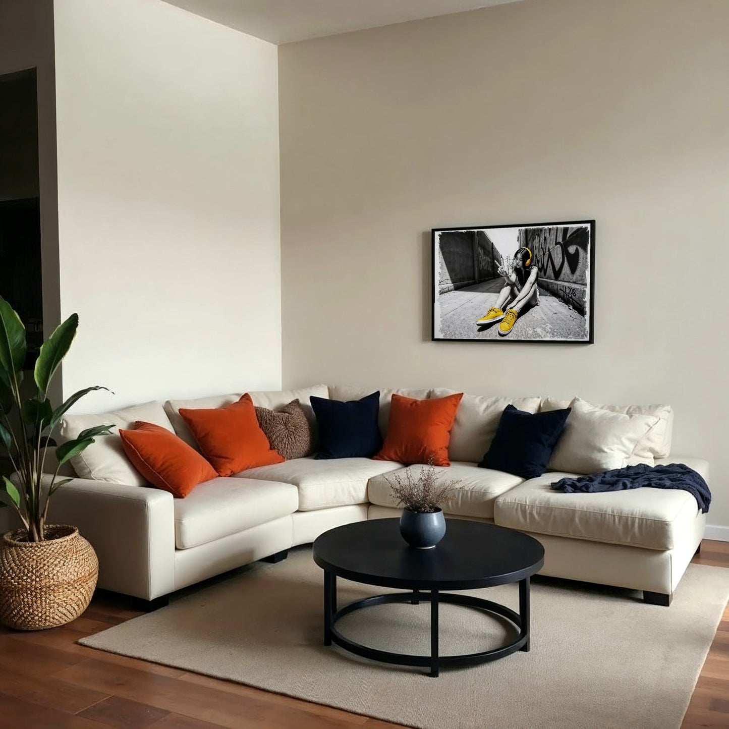 Urban Peace - Arts To GloryUrban PeaceDigital Wall ArtArts To GloryMonochrome and yellow graffiti wall art showcased in a contemporary lounge with neutral colours and stylish furnishings.