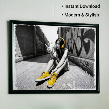 Urban Peace - Arts To GloryUrban PeaceDigital Wall ArtArts To GloryModern living room displaying urban street art of a woman with yellow headphones in graffiti setting.