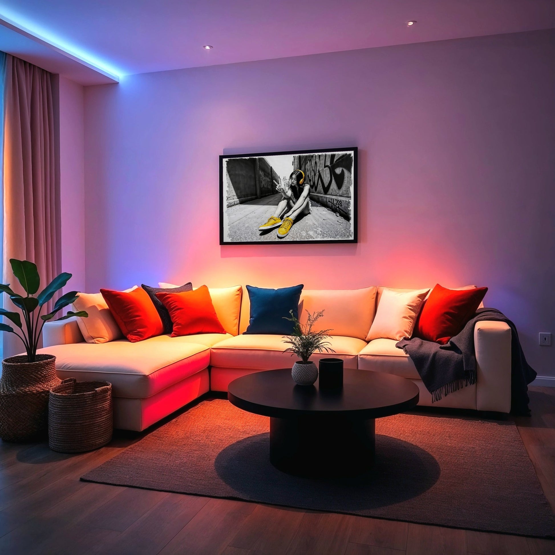 Urban Peace - Arts To GloryUrban PeaceDigital Wall ArtArts To GloryDigital graffiti artwork of a woman wearing vibrant yellow headphones and trainers, illuminated by atmospheric LED lighting in a stylish room.