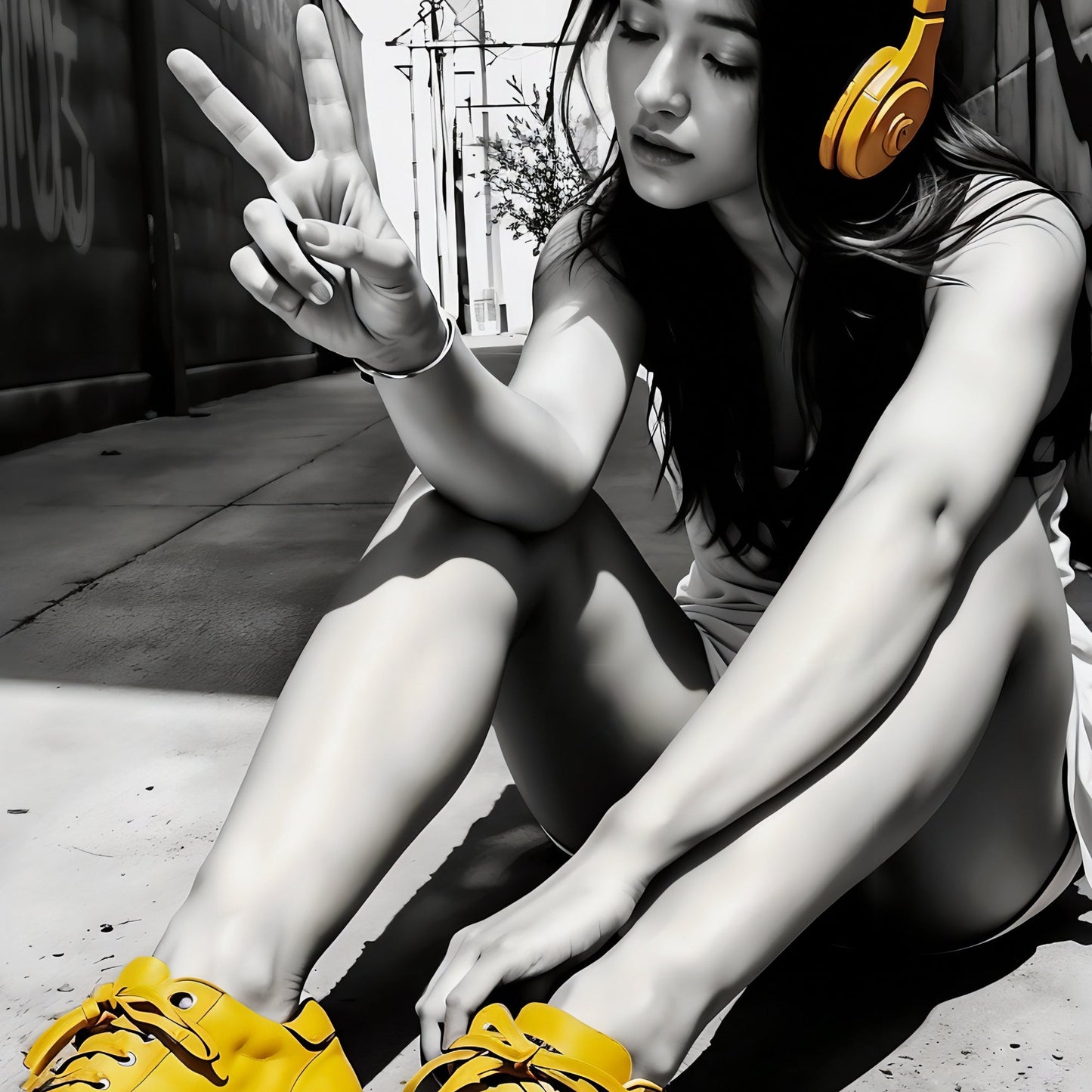 Urban street art of a woman with yellow headphones in graffiti setting.