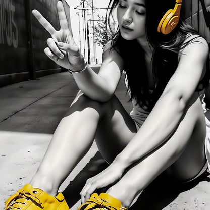 Urban street art of a woman with yellow headphones in graffiti setting.