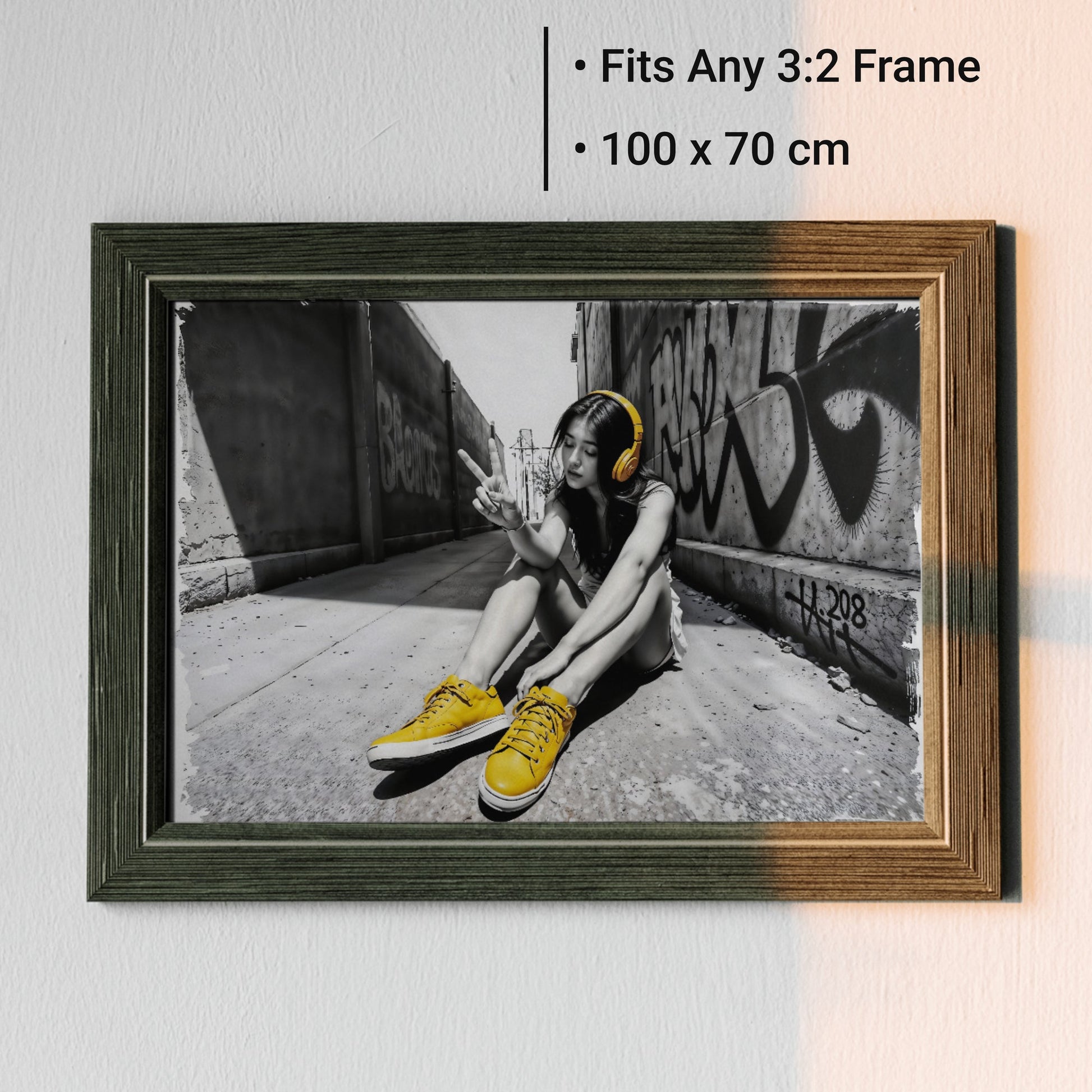 Urban Peace - Arts To GloryUrban PeaceDigital Wall ArtArts To GloryUrban artwork of a woman in yellow headphones framed with sizing details clearly displayed.