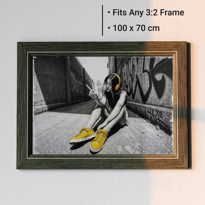 Urban Peace - Arts To GloryUrban PeaceDigital Wall ArtArts To GloryUrban artwork of a woman in yellow headphones framed with sizing details clearly displayed.