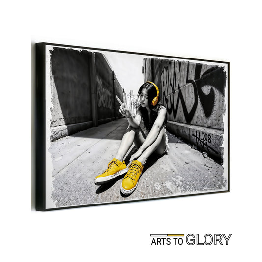 Urban Peace - Arts To GloryUrban PeaceDigital Wall ArtArts To GloryArts To Glory graffiti wall art featuring a stylish woman with yellow headphones and trainers giving a peace sign, framed clearly.