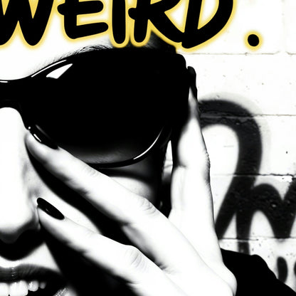 Urban Rebel Art | Quirky Graffiti Portrait | Bold Black & White | Modern Digital Art | 100 x 70 cm | Home Decor - Arts To GloryUrban Rebel Art | Quirky Graffiti Portrait | Bold Black & White | Modern Digital Art | 100 x 70 cm | Home DecorTextual NarrativesArts To GloryClose - Up of Urban Art - Detailed Black & White Graffiti Portrait with Yellow Text - But I Like Being Weird - Modern Digital Art