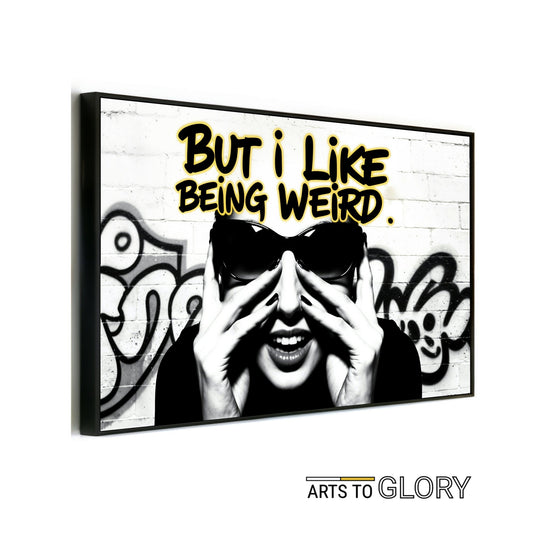 Urban Rebel Art | Quirky Graffiti Portrait | Bold Black & White | Modern Digital Art | 100 x 70 cm | Home Decor - Arts To GloryUrban Rebel Art | Quirky Graffiti Portrait | Bold Black & White | Modern Digital Art | 100 x 70 cm | Home DecorTextual NarrativesArts To GloryUrban Rebel Art - Quirky Graffiti Portrait with Bold Black & White Contrast and Yellow Text - But I Like Being Weird - Modern Digital Art by Arts to Glory